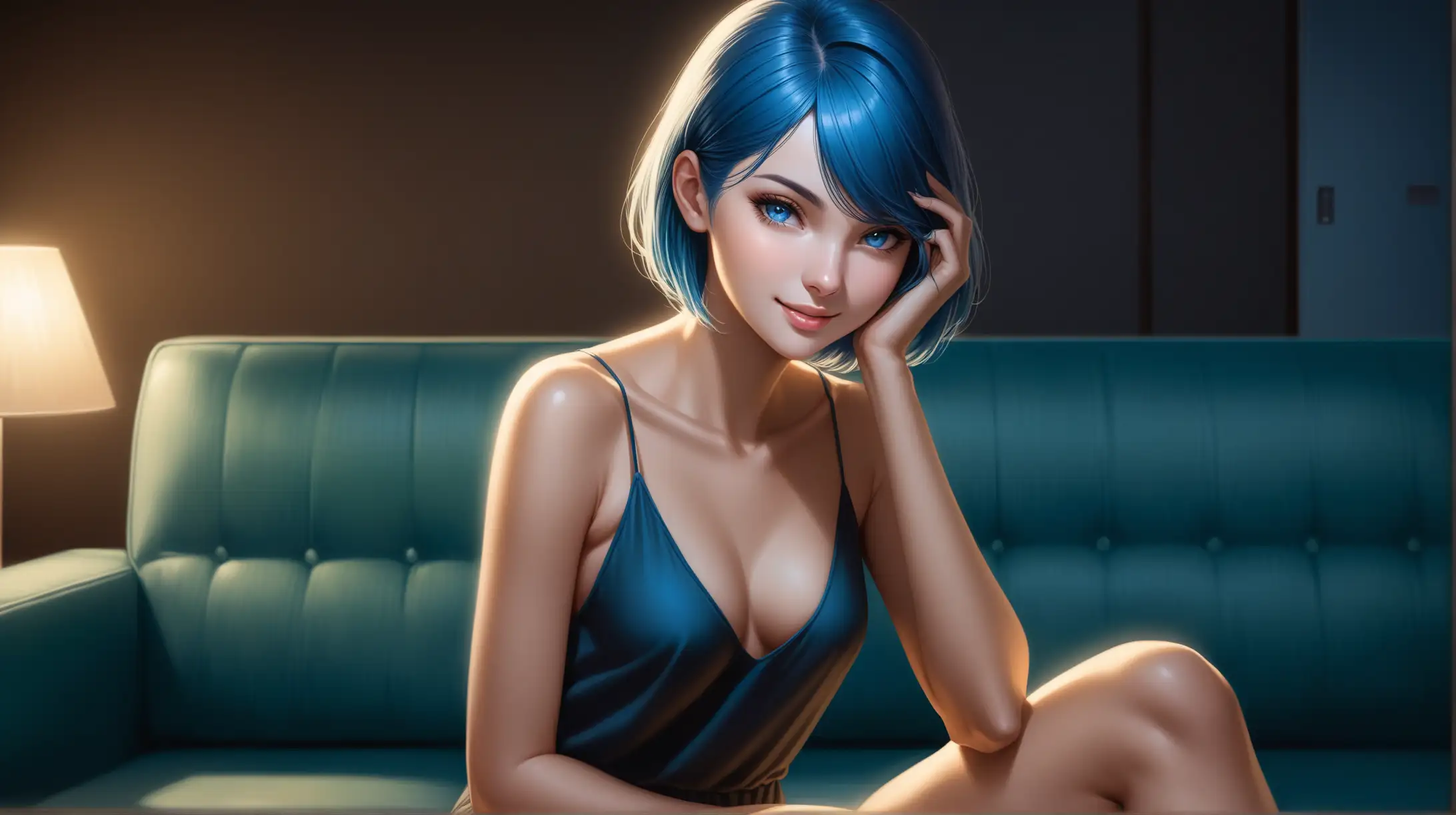 Draw a woman, short blue hair covering one eye, blue eyes, slender figure, high quality, realistic, accurate, detailed, long shot, night lighting, indoors, sofa, sitting, relaxed outfit, seductive pose, smiling at the viewer