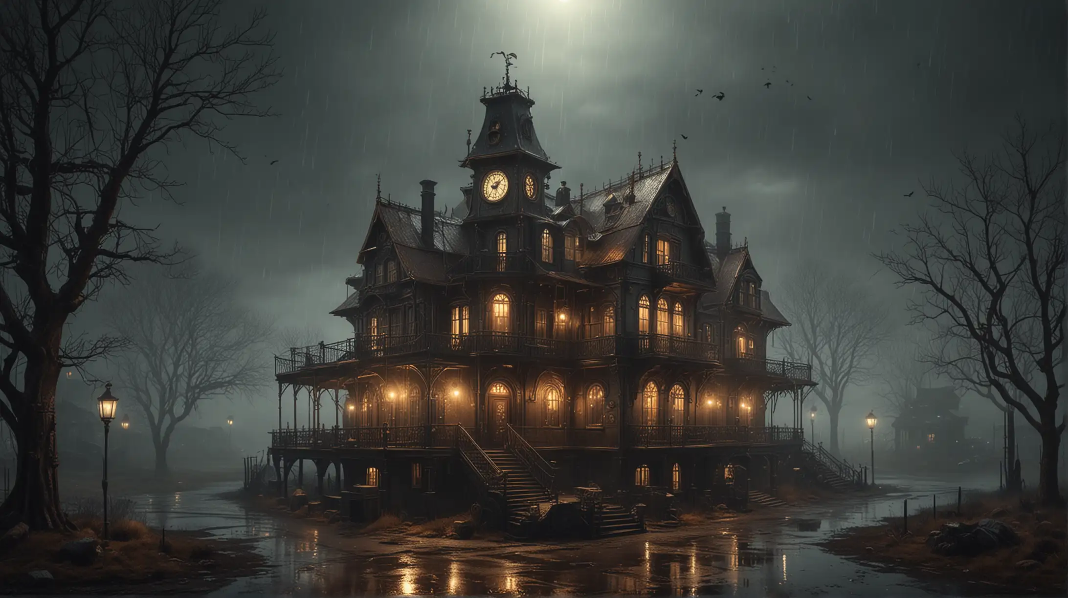 an old steampunk manor house in the wasteland, copper, wood, gold, dark night, all lights in the house are on,  rain and heavy fog, bird's eye distant view