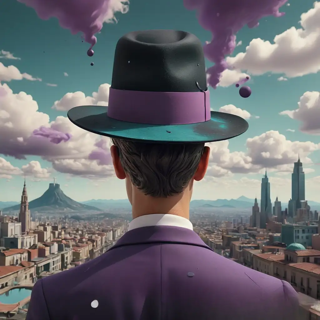 a surreal 3d modernist landscape of a modernist world, real gentleman photography from the back, wearing hat, immersive-inspired modernist cityscape view, black and white primary colours with a splash of purple and dark teal inspired by Rene Magritte, wide angle, hyper realistic, 8k, yin and yang modernism and endless love, upside down landscape view, all we can see is mirror reflecting, surrealism in the style of Dali