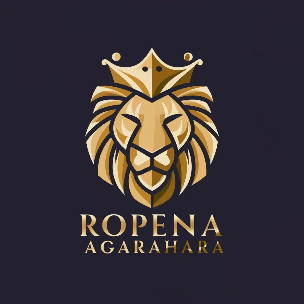 a logo design,with the text "Ropena Agarahara", main symbol:Lion face with crown,complex,clear background