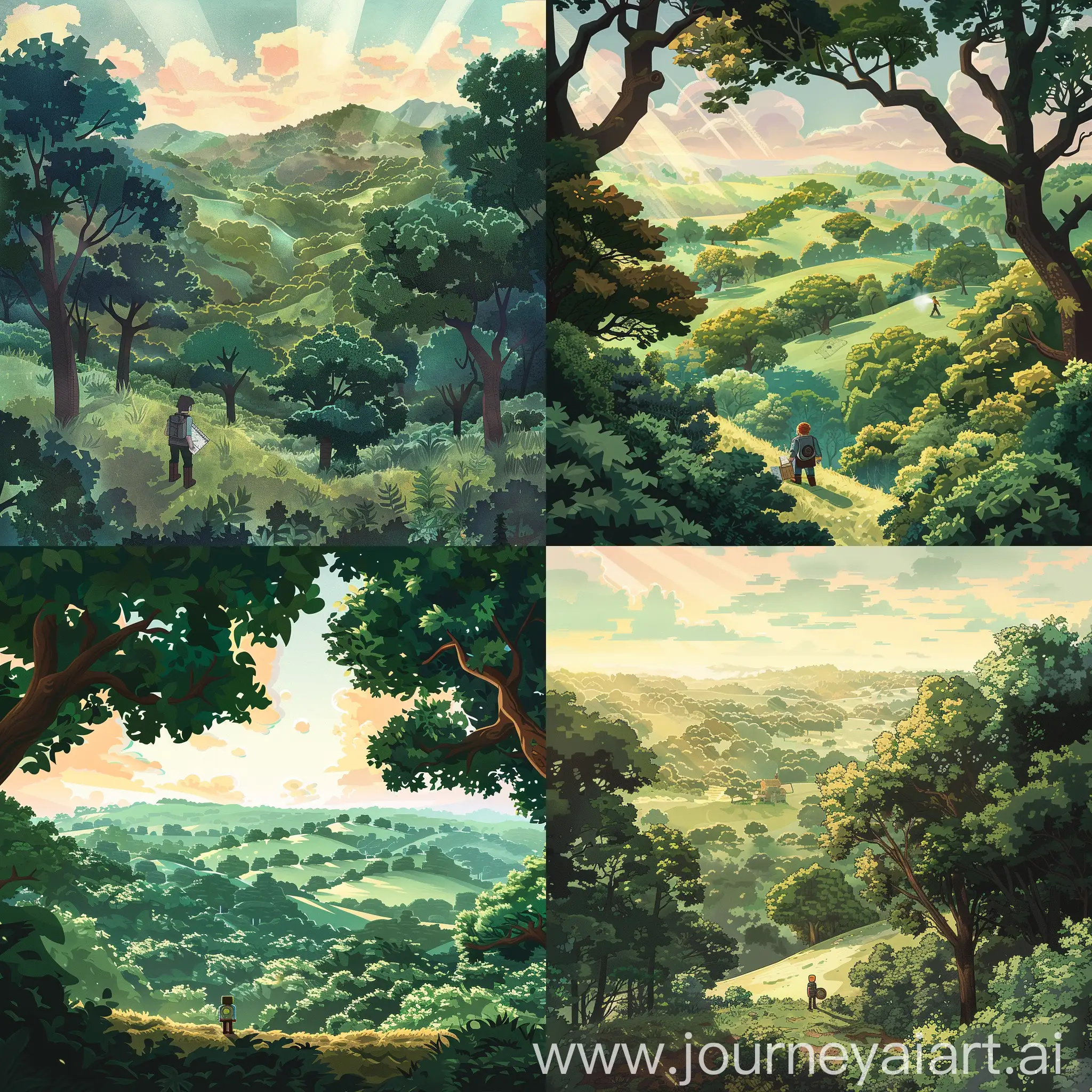An illustration depicting a Minecraft landscape at sunrise, with lush green hills rolling in the distance under a pastel-colored sky. A lone adventurer, equipped with a map and compass, stands at the edge of a dense forest, peering into the distance. The forest, thick with towering oak and spruce trees, conceals the secrets of the hidden village. Soft rays of sunlight filter through the foliage, casting dappled shadows on the forest floor. The adventurer's determined expression reflects their quest to uncover the elusive village, as they set forth into the unknown, guided by the promise of discovery and adventure. 