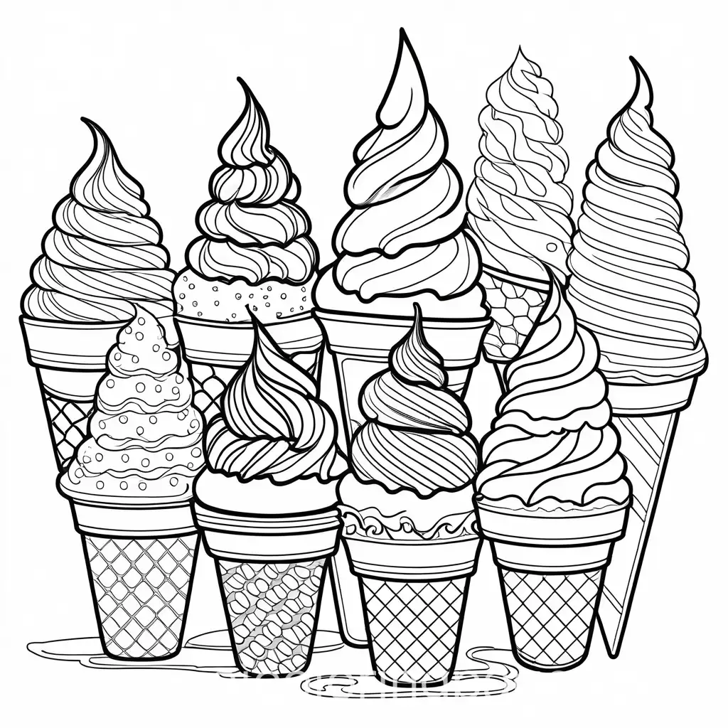 ice cream variety, Coloring Page, black and white, line art, white background, Simplicity, Ample White Space. The background of the coloring page is plain white to make it easy for young children to color within the lines. The outlines of all the subjects are easy to distinguish, making it simple for kids to color without too much difficulty
