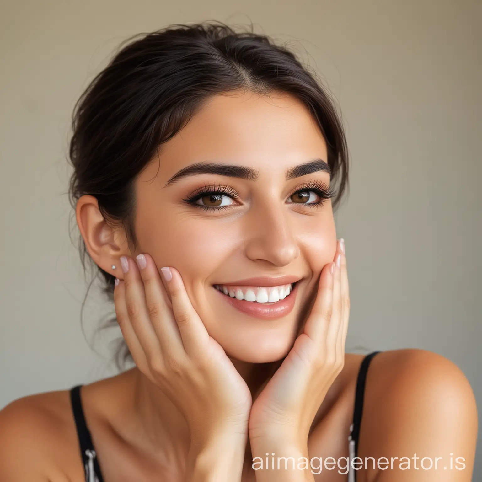 A young pretty Armenian woman smiling touching her chin.
