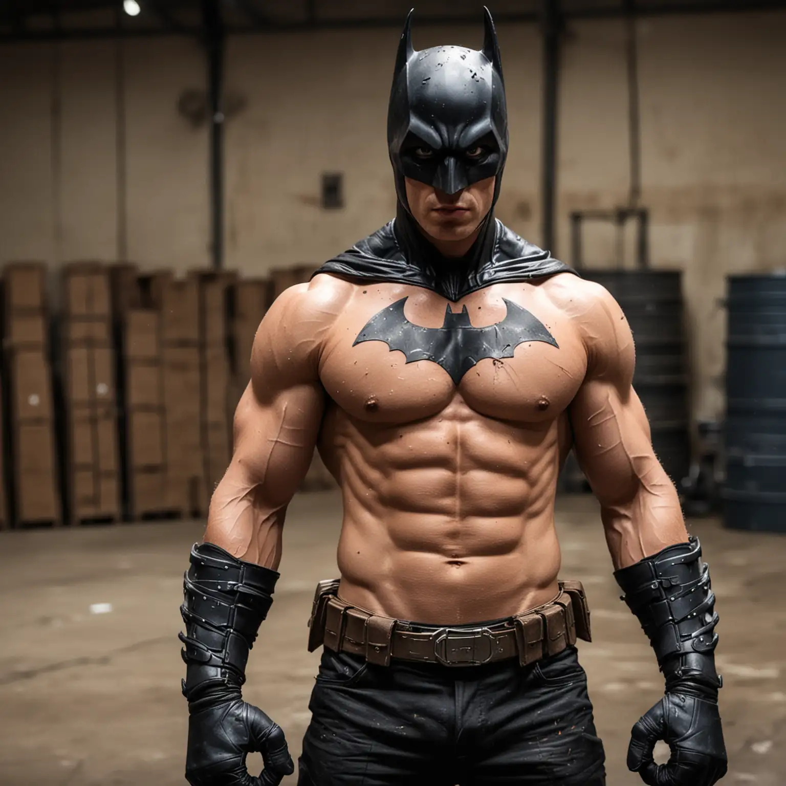 Muscular Batman Battles in Warehouse Showdown