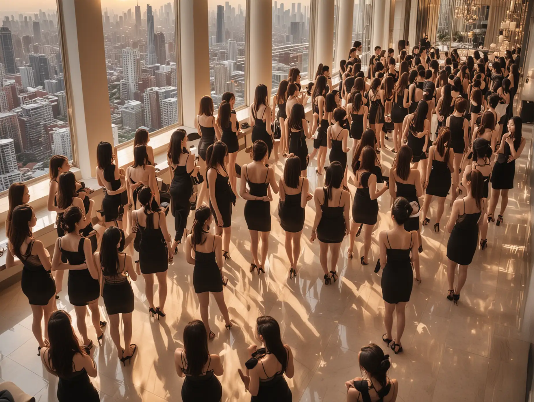 view from the second floor looking down on a large crowd of skinny young Chinese women mingling in small groups in little black dresses in a huge penthouse hotel suite at sunset. there are no men. each girl's waist is as narrow as possible. each girl's legs are as skinny as possible.
