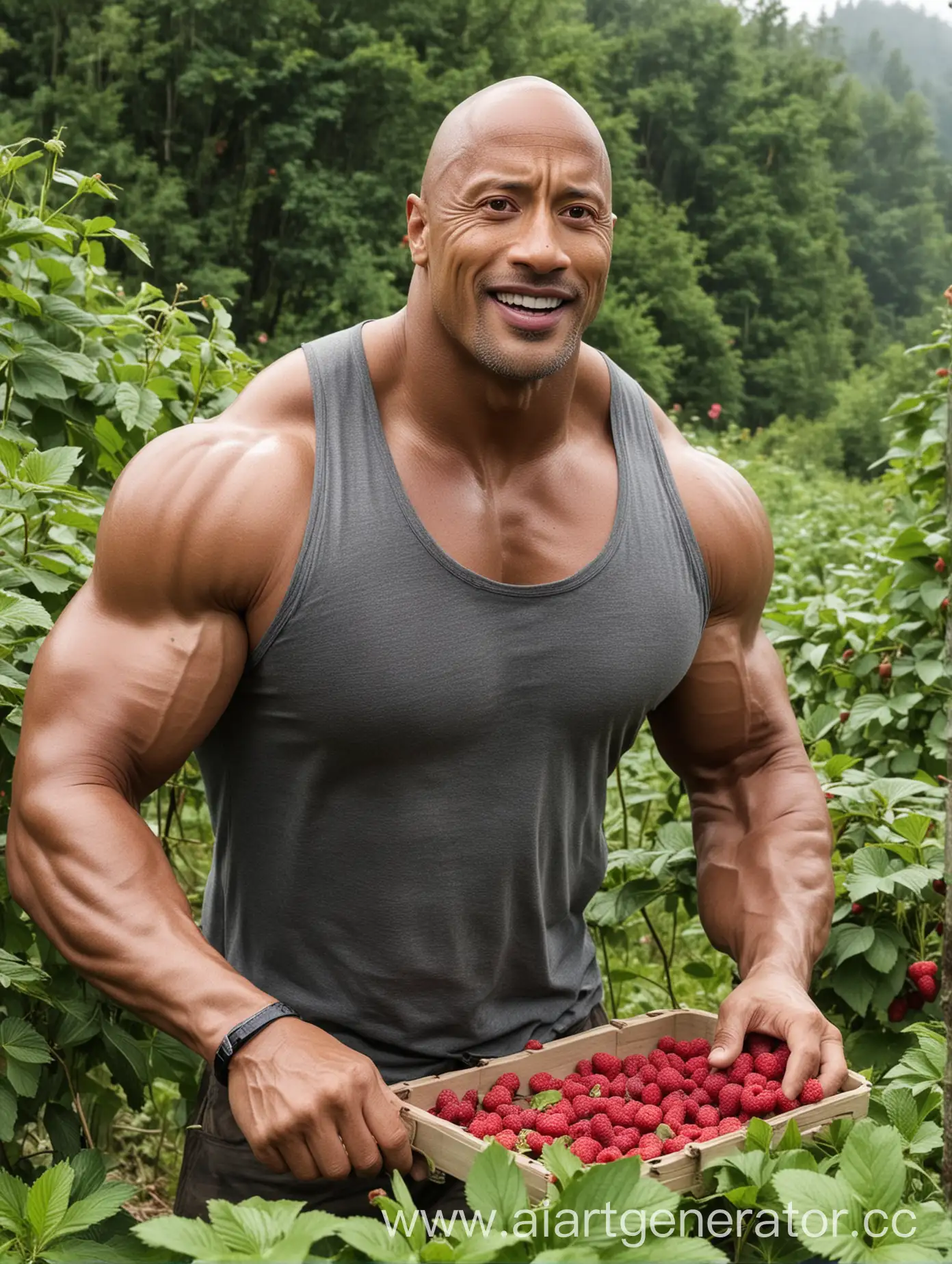Dwayne-Johnson-Picking-Raspberries-in-Sunny-Orchard
