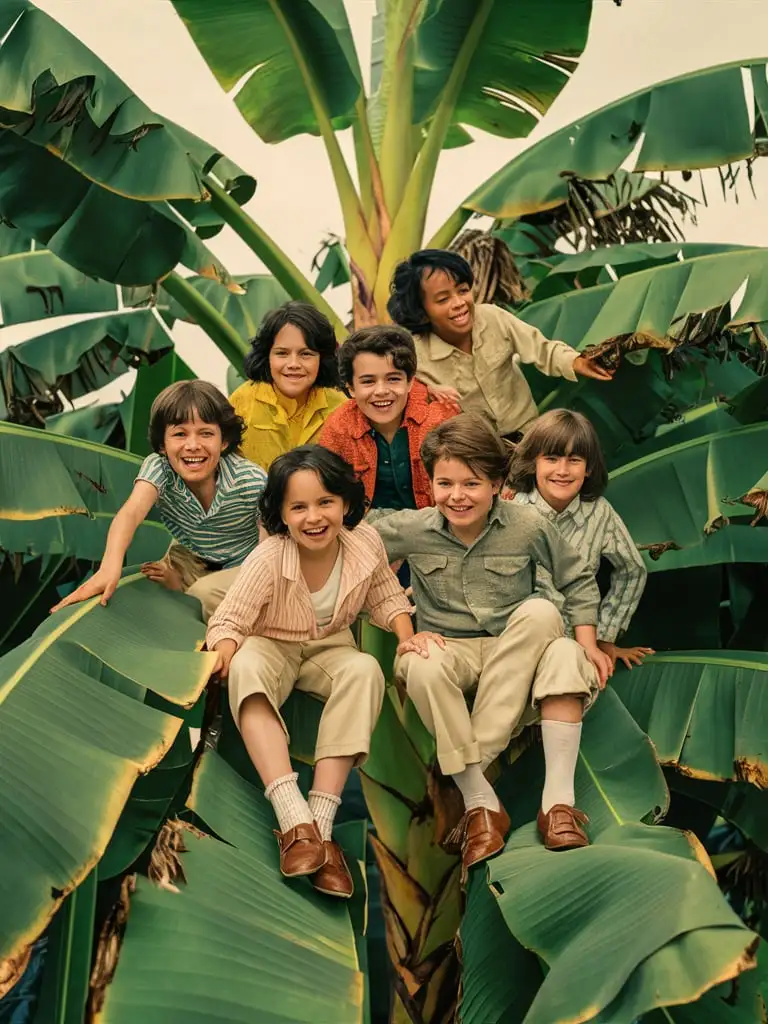 Children-Portrayed-on-Banana-Tree-Leaves-in-1970s-Style