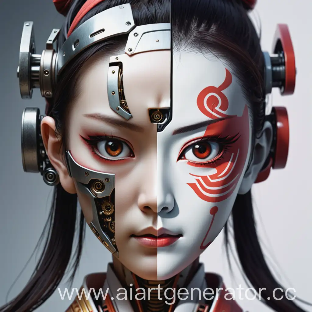 лицо, разделенное на 2 части. левая часть - лицо робота, правая - лицо девушки-самурая