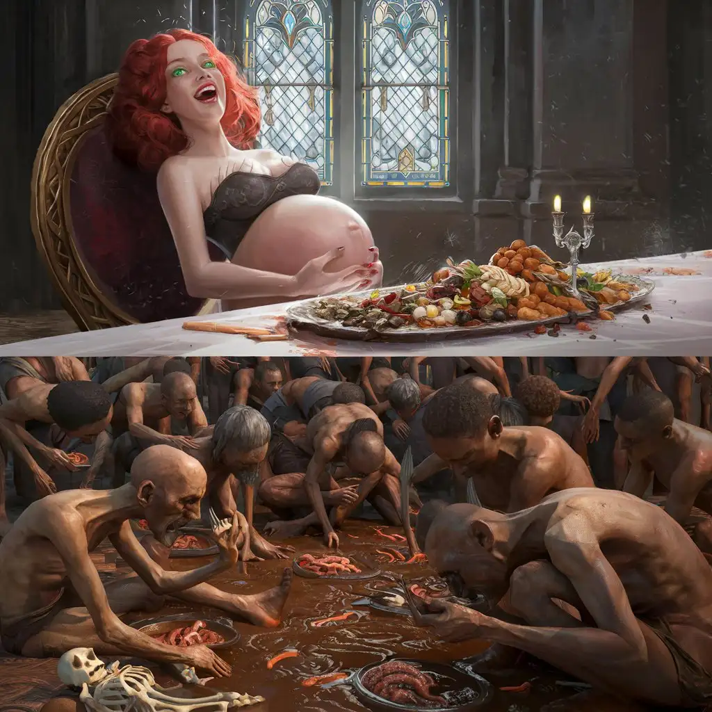 In the first high plan upside, portrait of a redhead gothic women with a nose piercing, pregnant belly, laughting harder,  sweating and green eyes, eating only a massive luxury diner on a massive long table full meat, face to a giant closed stained-glass window, extremely detailed CG unity 8k wallpaper,masterpiece, best quality, ultra-detailed),(best illumination, best shadow, an extremely delicate and beautiful). 

In the second plan downside, a overcrowded poor very skinny men's on floor screaming and crying, eating a liquid mud with worms bones and squeleton, extremely detailed CG unity 8k wallpaper,masterpiece, best quality, ultra-detailed),(best illumination, best shadow, an extremely delicate and beautiful).
