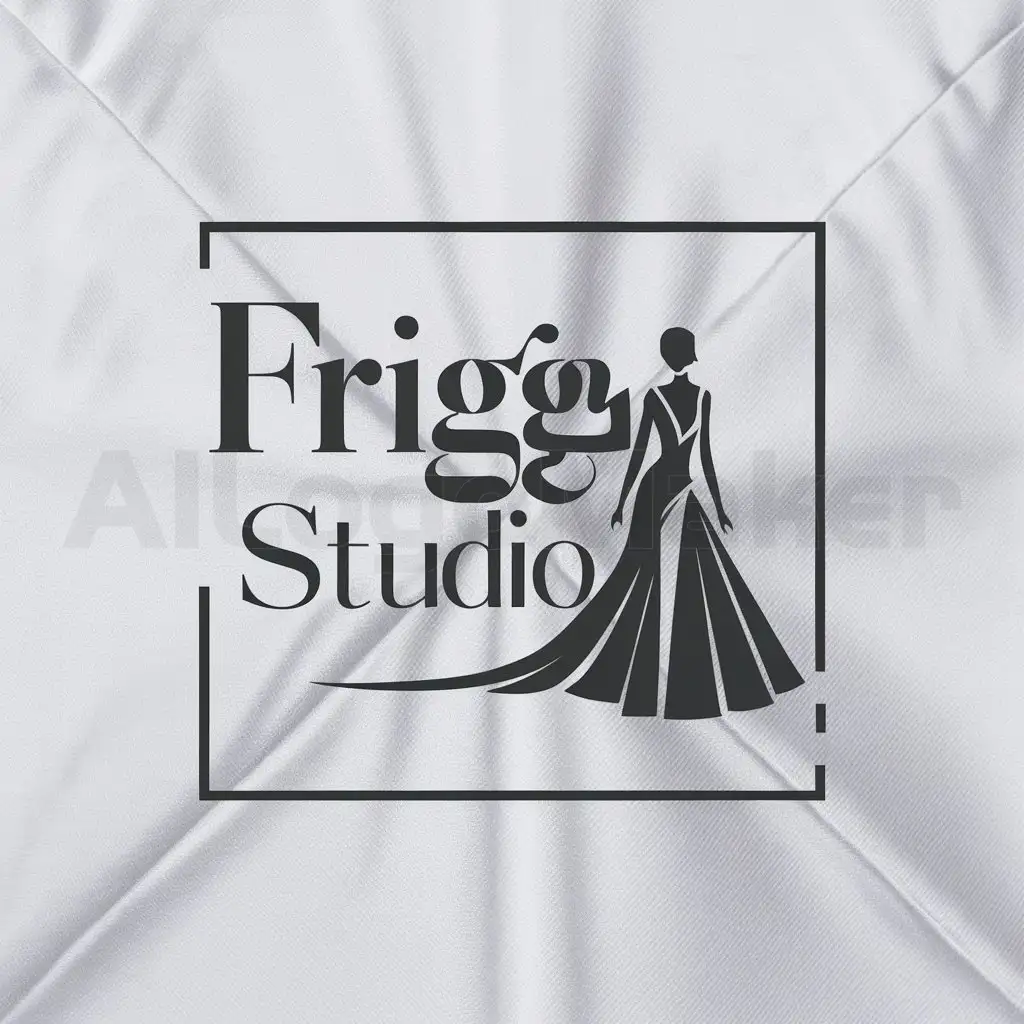 a logo design,with the text "FRIGGA STUDIO", main symbol:white background, square-shaped, feminine-looking, wearing a dress,Moderate,be used in apparel industry,clear background