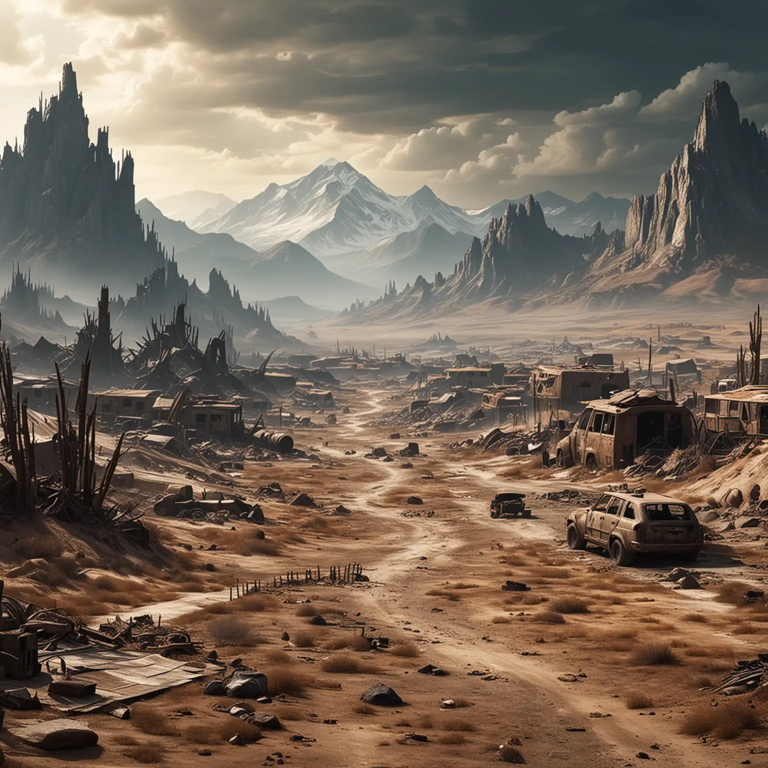 Desolate PostApocalyptic Landscape with Towering Mountains