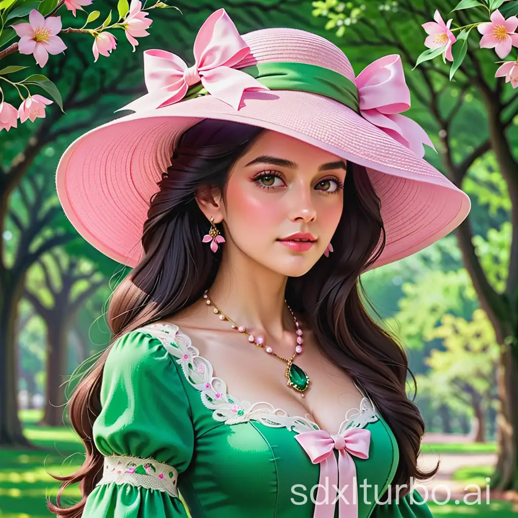 Elegant-Woman-in-Green-Dress-with-Pink-Floral-Accents-Against-Verdant-Backdrop