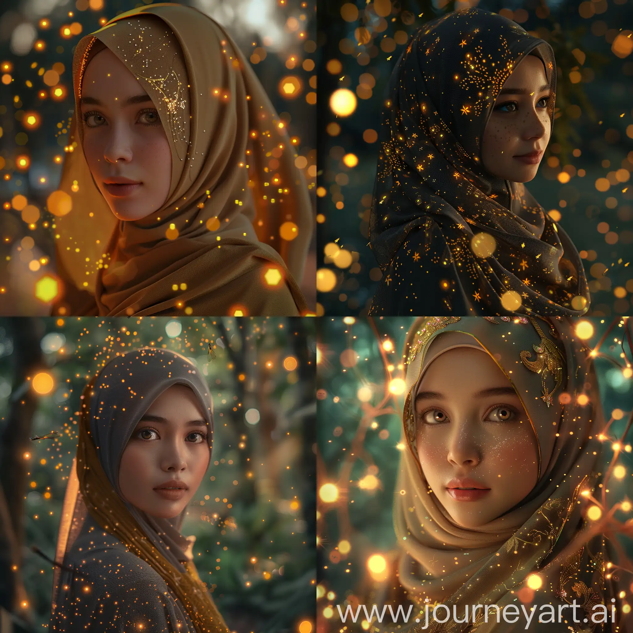 1 hijab girl Indonesia beauty, 8k, masterpiece, ultra-realistic, best quality, high resolution, high definition,fancy light, volumetric light, fireflies 