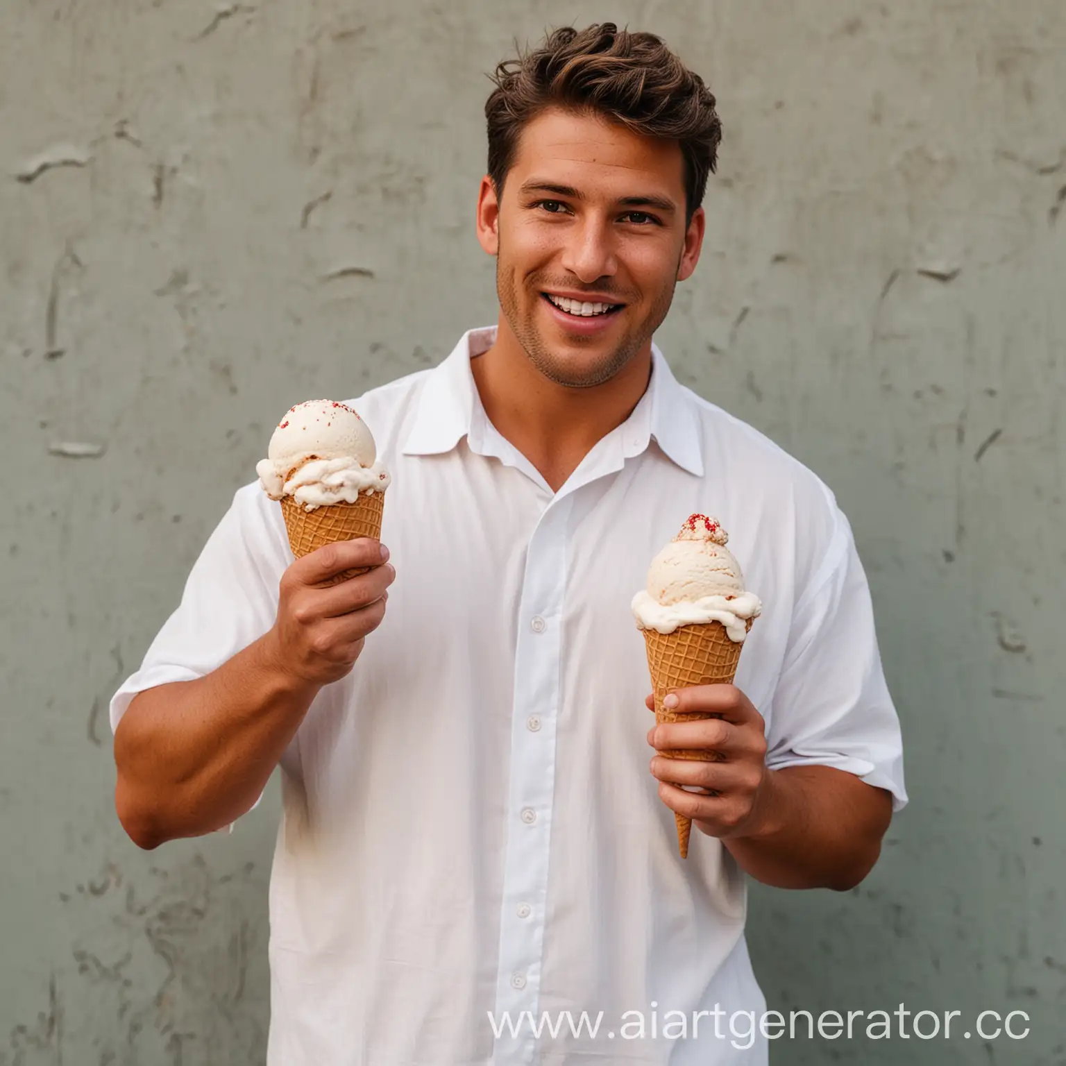 Мужчина с цетиной  среднего телосложения в белой рубашке держит в руках мороженое