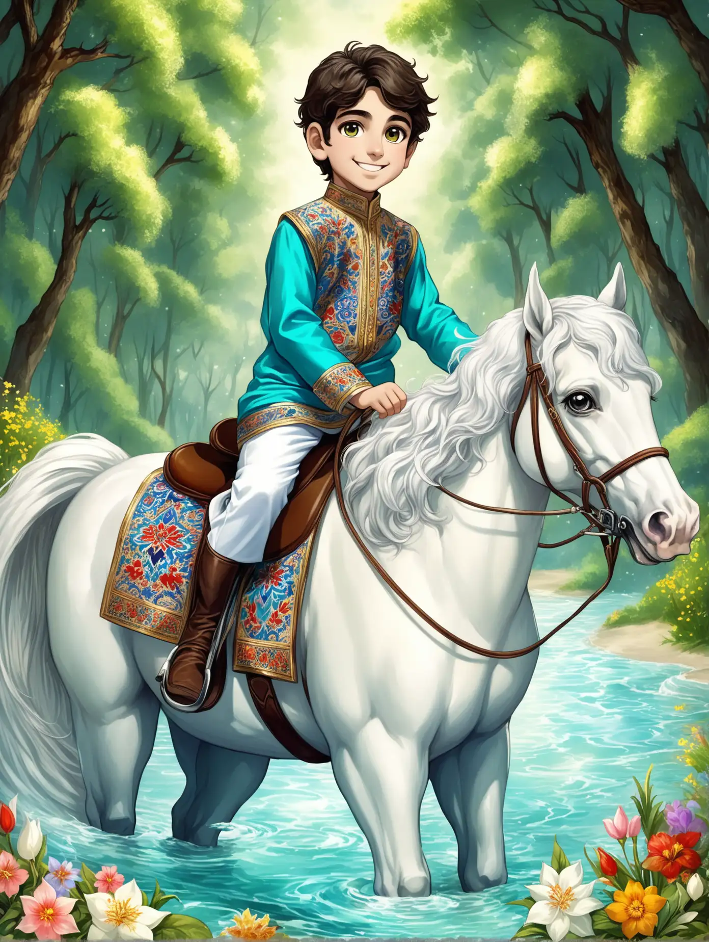 Character Persian 9 years old boy(riding horse, smaller eyes, bigger nose, white skin, cute, smiling, clothes full of Persian designs, heavenly boy).

Atmosphere beach, flowing water from the spring with flowers, forest.