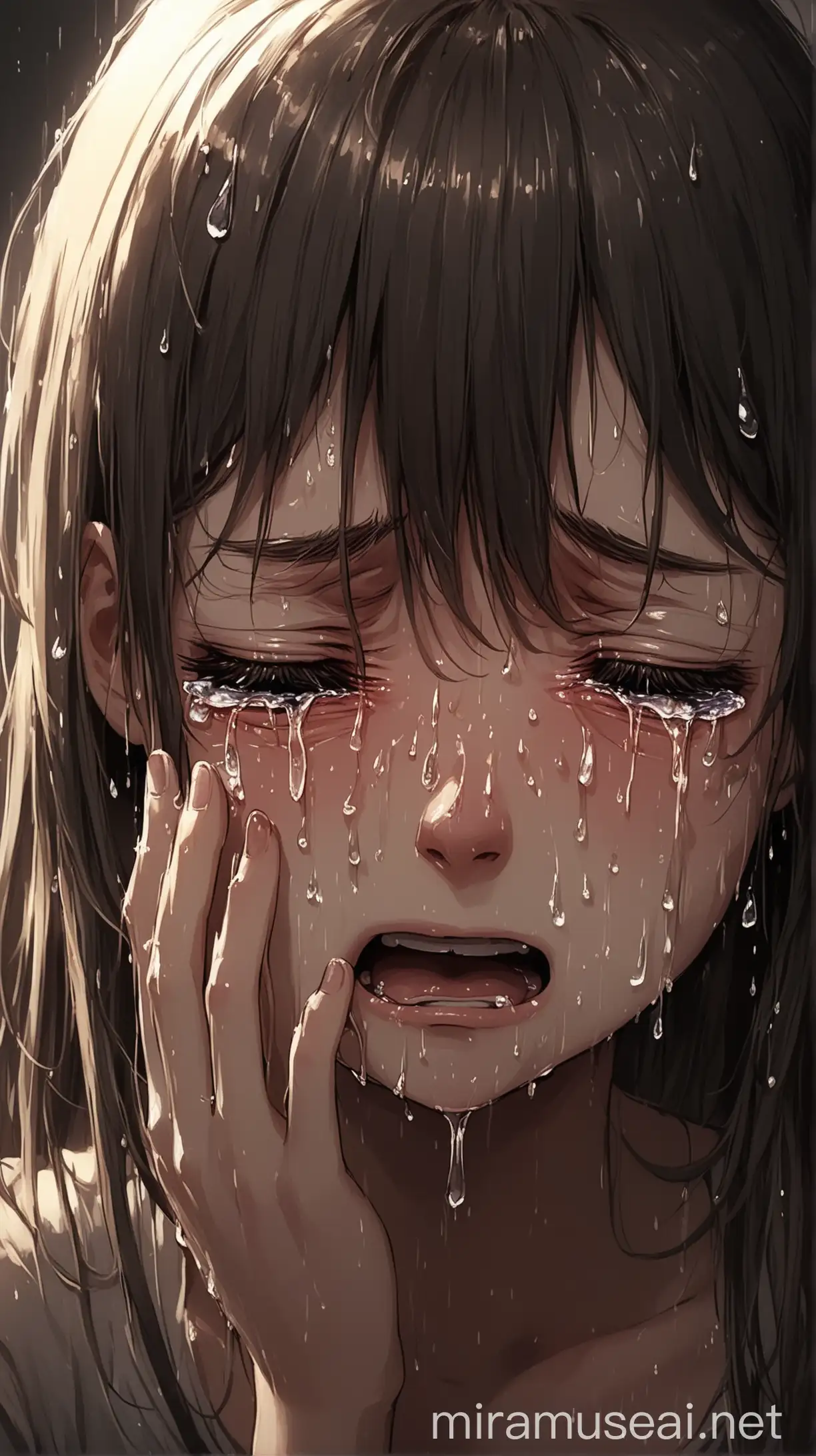 Girl Crying Tears of Sorrow in a Lonely Setting