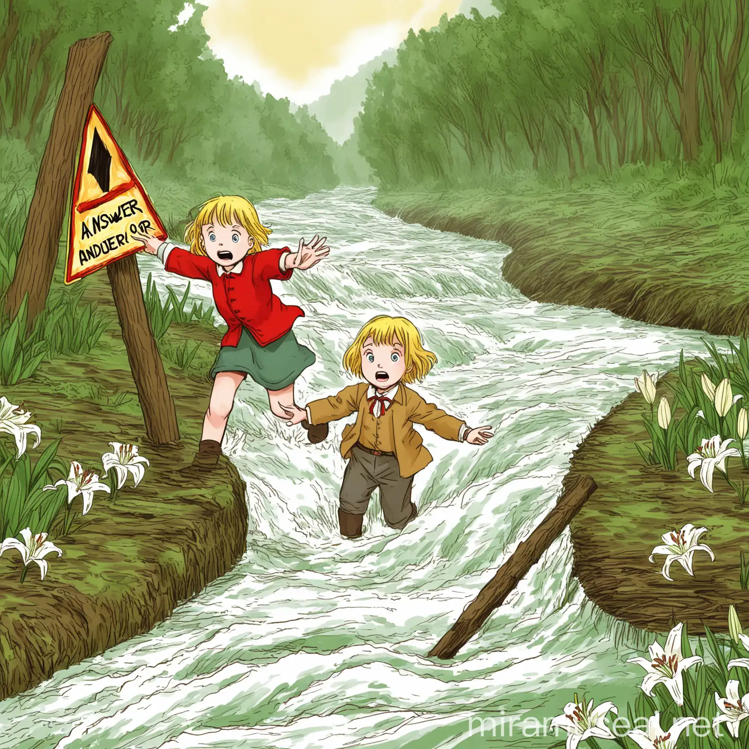 Lily and Arthur reached a rushing river blocking their path. Suddenly, the river boomed, "Halt! Answer my riddles or find another way!" 

