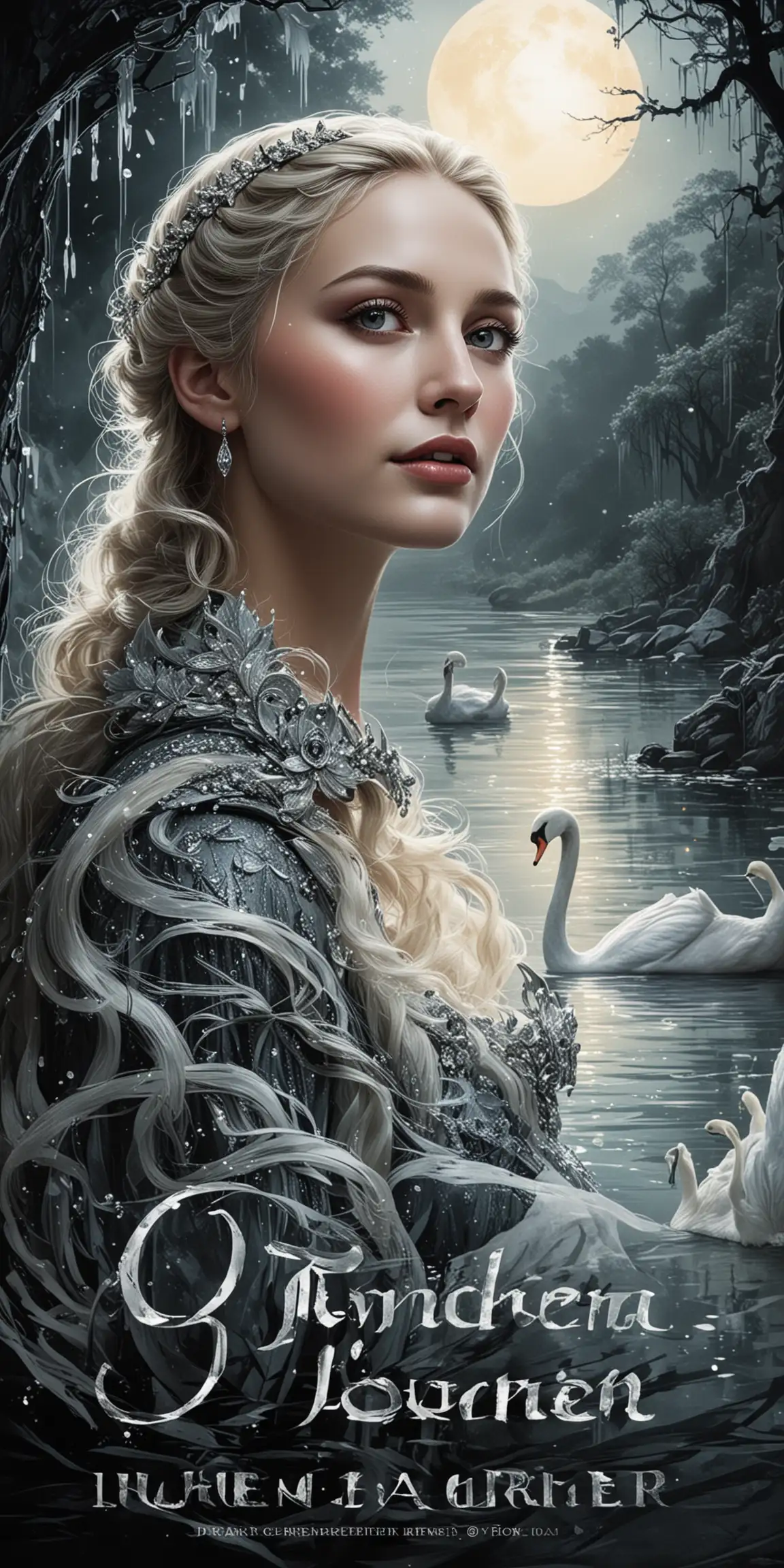 poster art for Richard Wagners Opera Lohengrin
containing the face of Elsa to the left looking into the frame bakground a sparkling river illustrated and a swan silhouette  