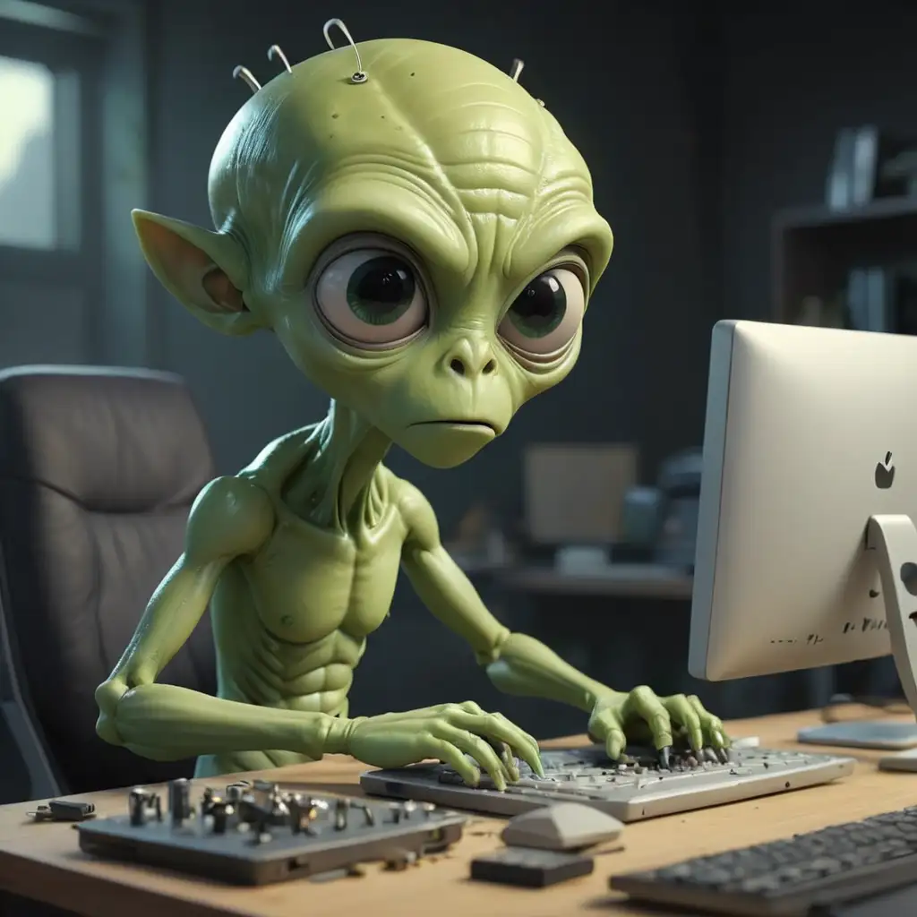一个孤独的外星小绿人在电脑前操作三维软件设计螺杆