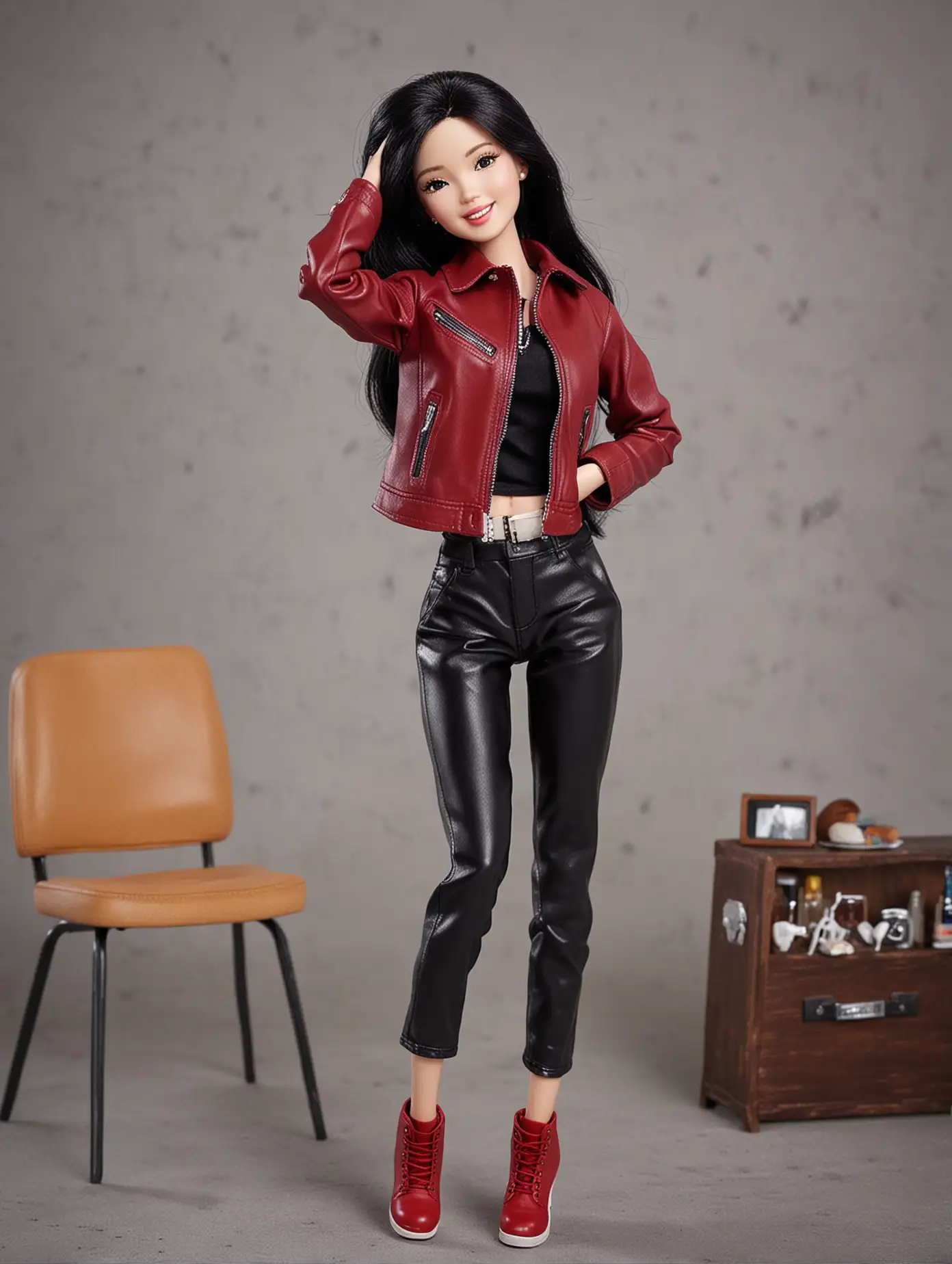 Beautiful teenage Kim Hye-yoon Barbie doll. height 70CM. Black hair. wearing a Maroon Leather Jacket. trousers. Red Shoes. Beautiful teenage Kim Hye-yoon Barbie doll. height 70CM. Black hair. wearing a Maroon Leather Jacket. trousers. Red Shoes. Laughing pose.