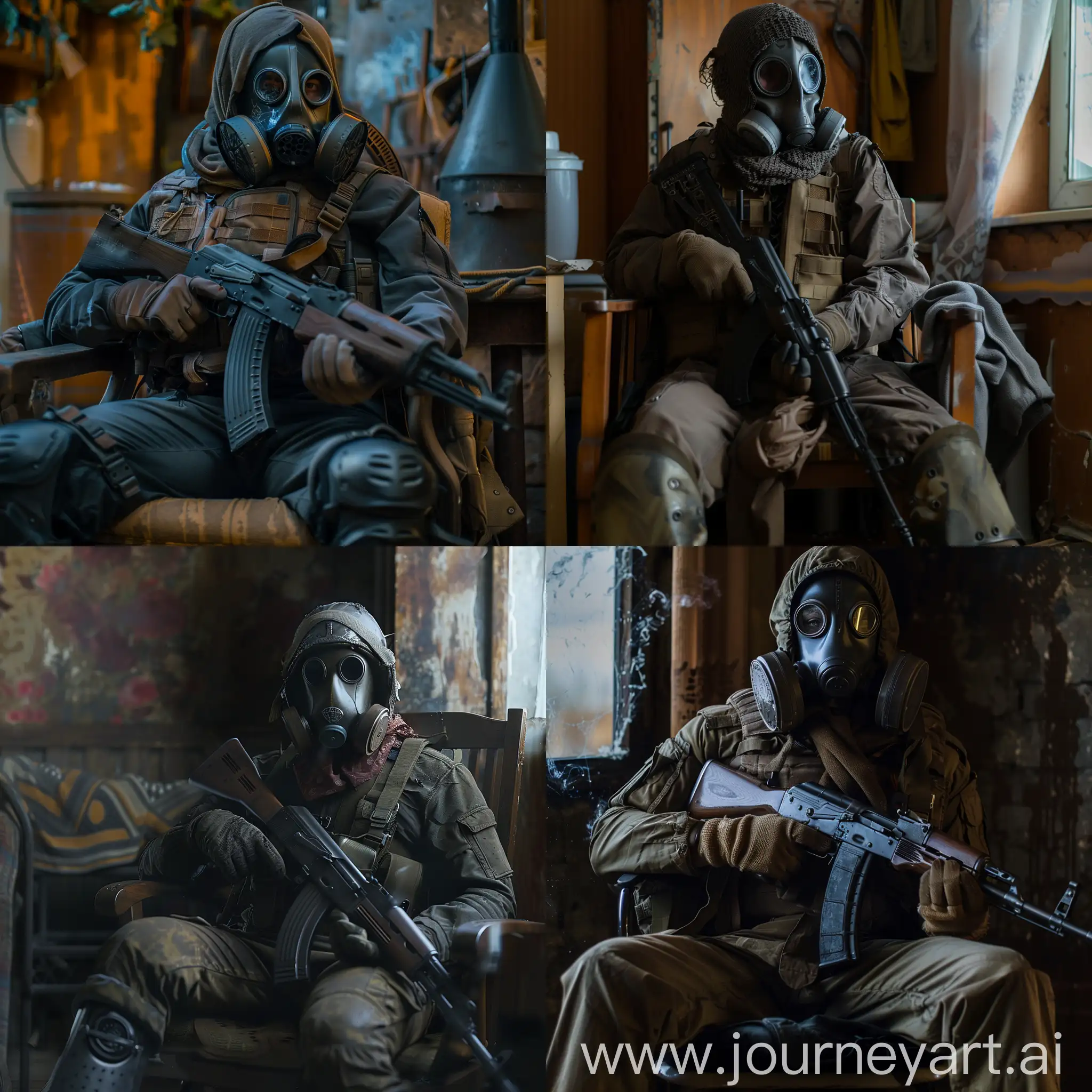 Stalker is sitting on a chair in a gas mask and gloves, holding a Kalashnikov assault rifle