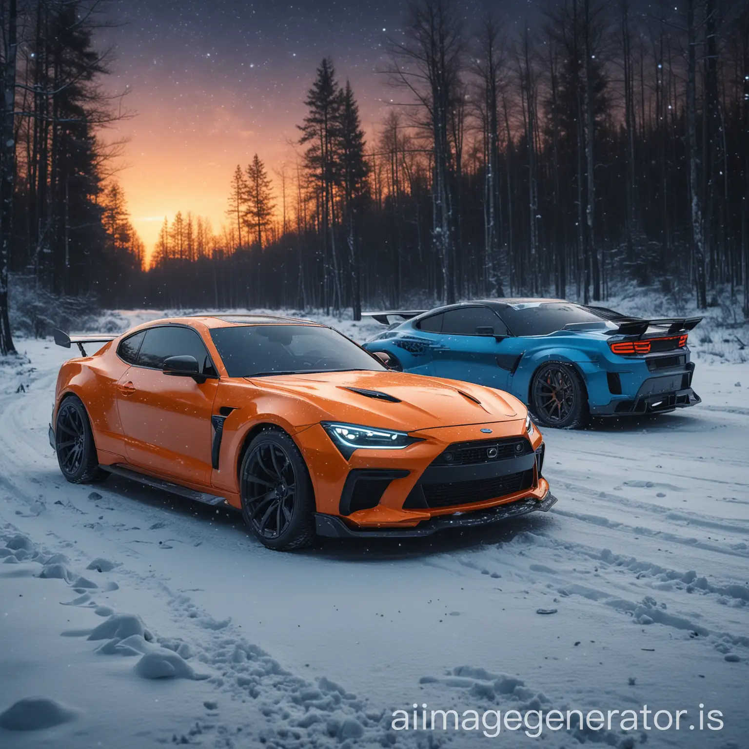 Create futuristic concept sport 2 blue and orange cars from 2500 years mix tuning type sport driving at night on bright with forest in background black color snow