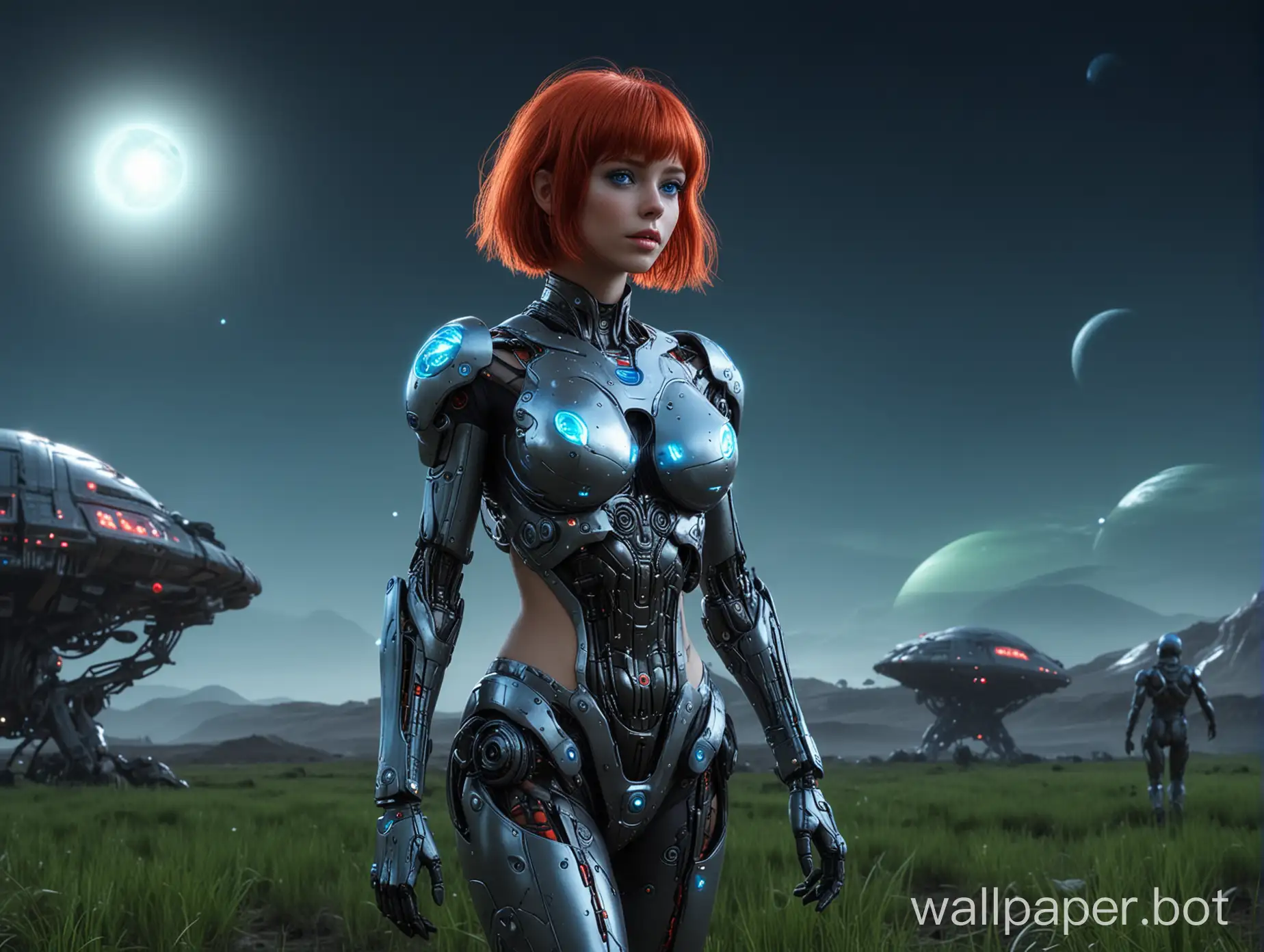 sexual girl cyborg with large breast walks in night field on alien planet, short red hair, futuristic suit, bright blue eyes glowing blue, in full post, green moon in the sky, ufo ships flying in the sky, in science fiction genre