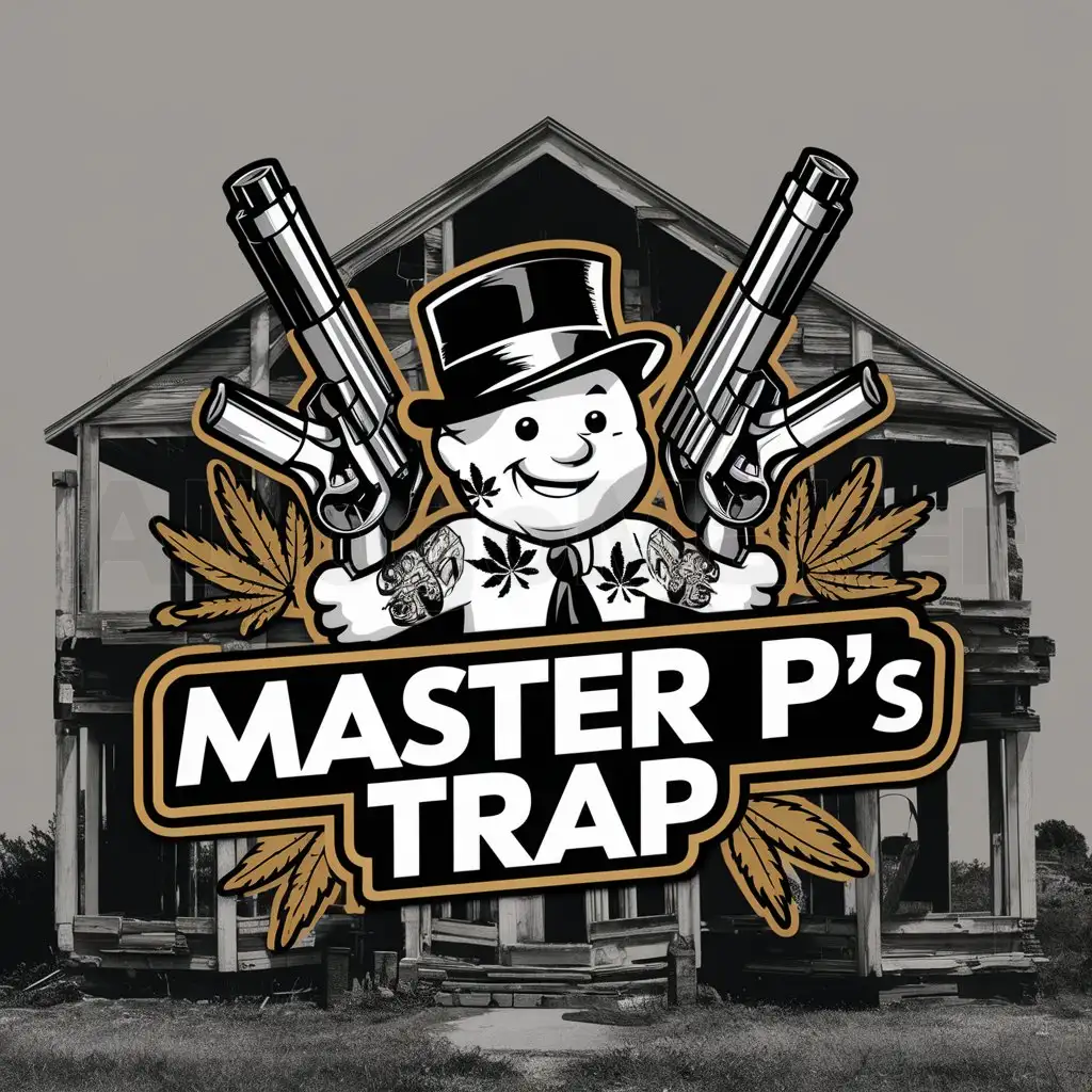 a logo design,with the text "Master Ps Trap", main symbol:logo with monopoly or cartoon character tattooed with guns and marijuana leaves. as a background an image of a styliized abandoned house,Moderate,be used in Nonprofit industry,clear background