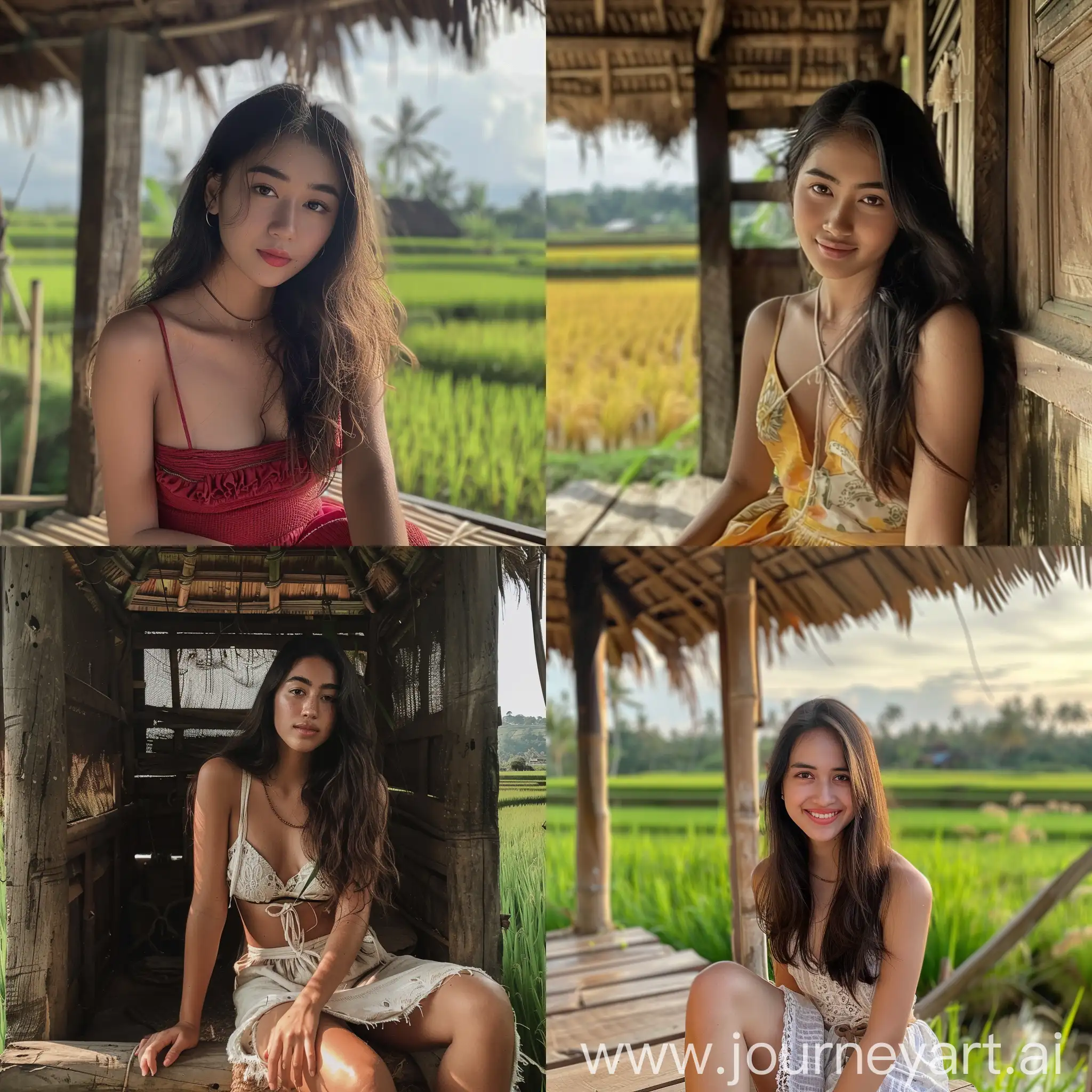 1 Indonesian girl, 22 years old, influencer, beauty, in the rice fields, make-up, sitting in a wooden hut, no effect, selfie, iphone selfie, no filter, natural iphone photo --v 6 --ar 1:1 --no 67949