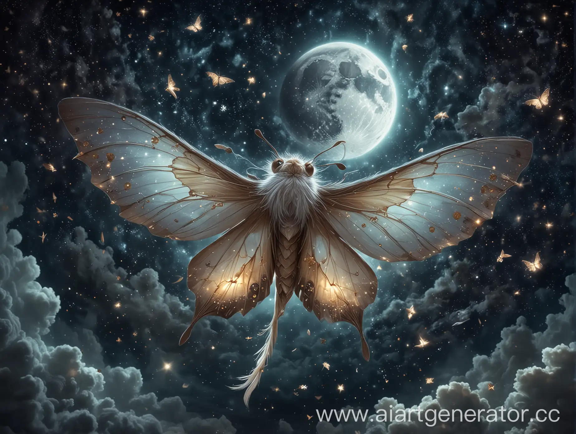 Создай изображение бабочки парящей в ночи среди звезд, бабочка должна отражать суть богини луны Элины из мира воров оф воркрафт