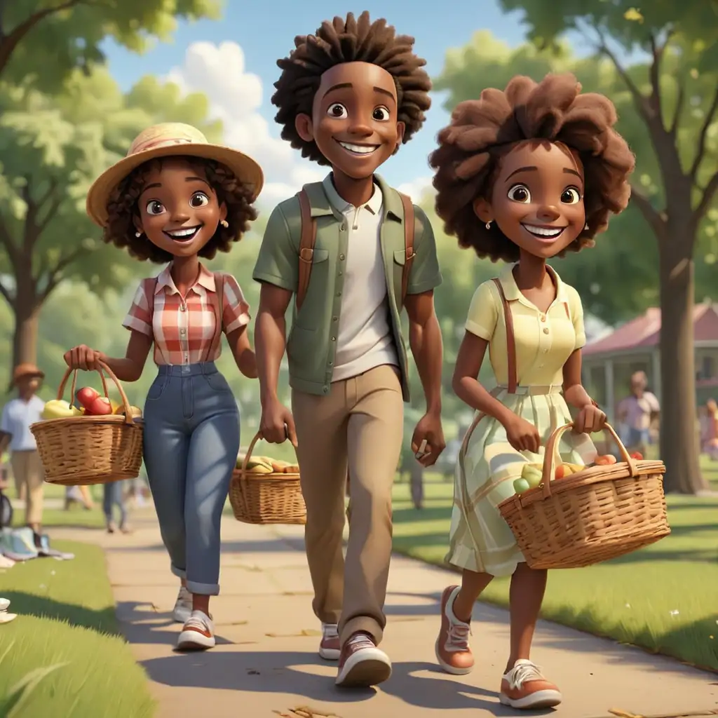 Joyful African American Family Walking to the Park with Picnic Baskets