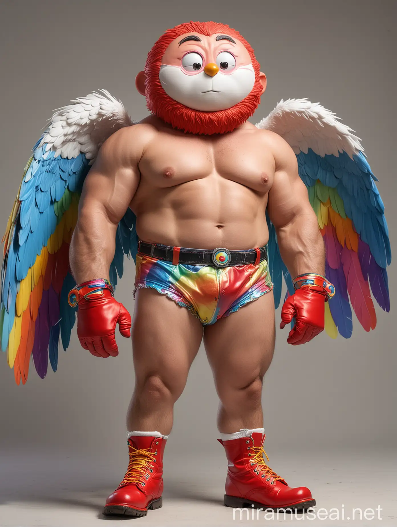 Beefy Red Head Bodybuilder Flexing in Rainbow Eagle Wings Jacket and Doraemon Goggles