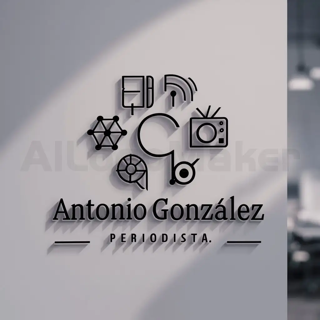 a logo design,with the text "Antonio González Periodista", main symbol:a notebook, a radio, a tv and a web,Moderate,be used in Comunicaciones y Periodismo industry,clear background