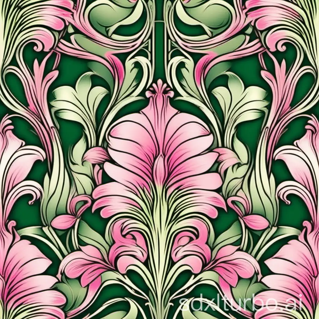 pink and green delicate floral wallpaper pattern in art nouveau style