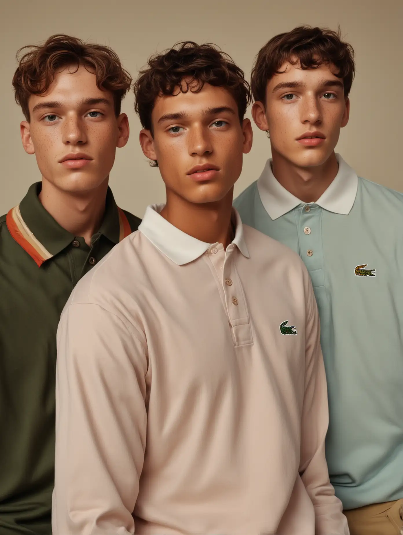 male models with freckels and semi dark skin is posing like in an old renaissance painting, models are wearing full lacoste outfits, colorful poloshirt, models are floating