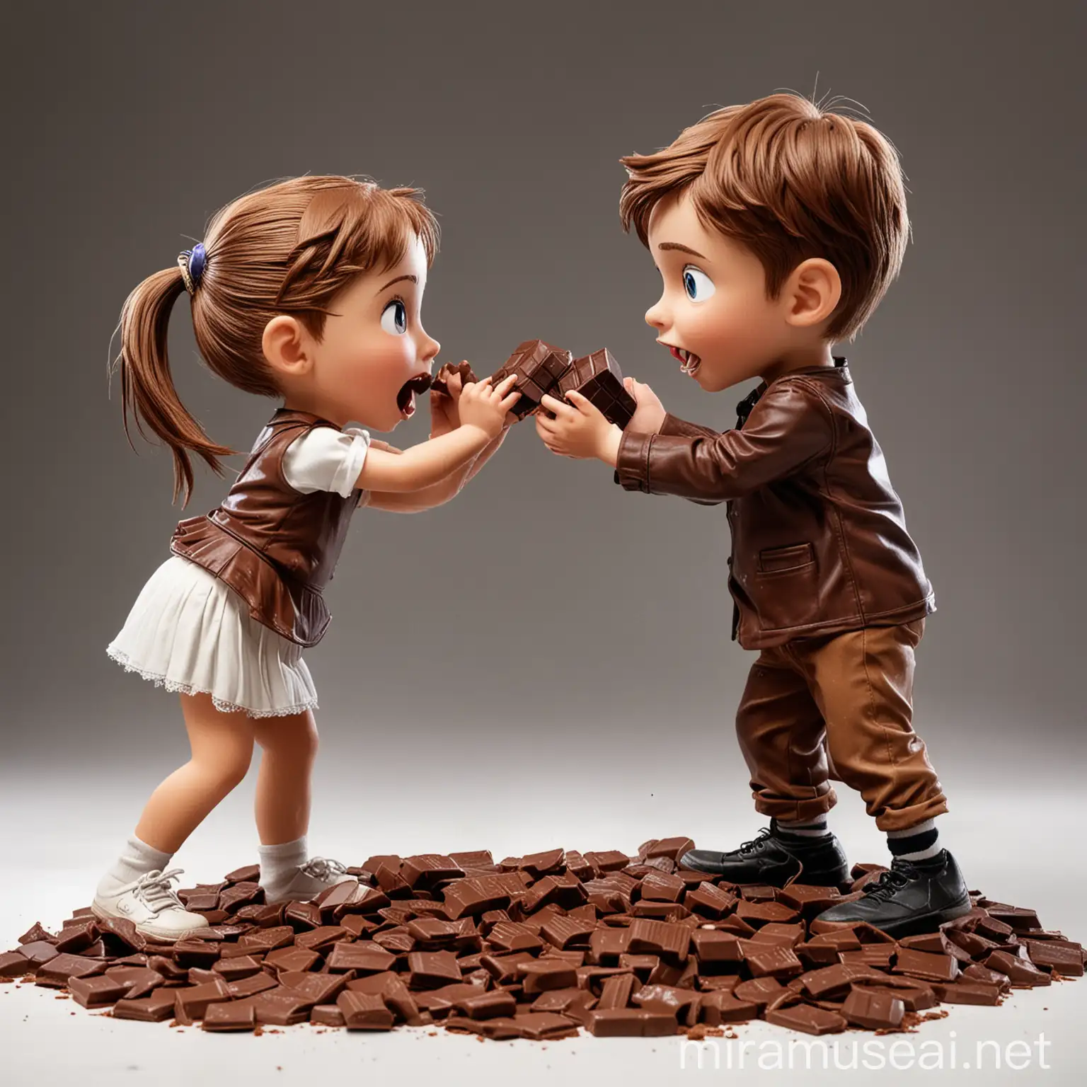 Sibling Rivalry Boy and Girl Playfully Compete for Chocolate