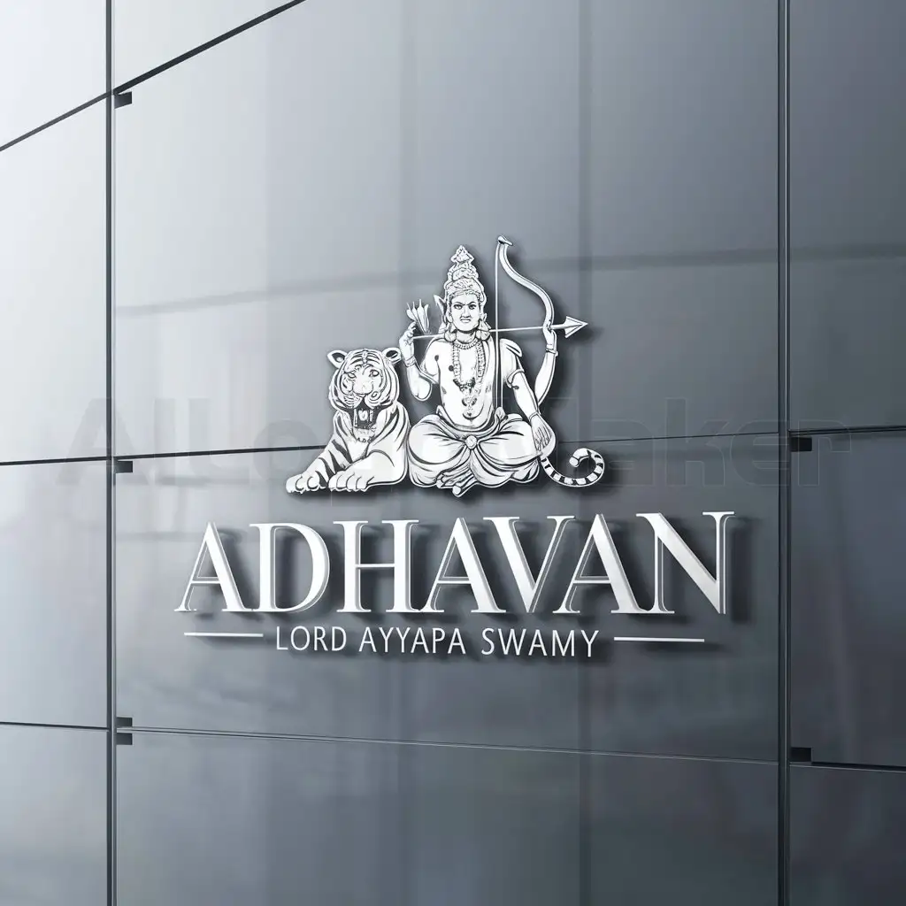 a logo design,with the text "Adhavan", main symbol:Lord ayyappa swamy  with arrow and bow next to tiger,complex,be used in Religious industry,clear background