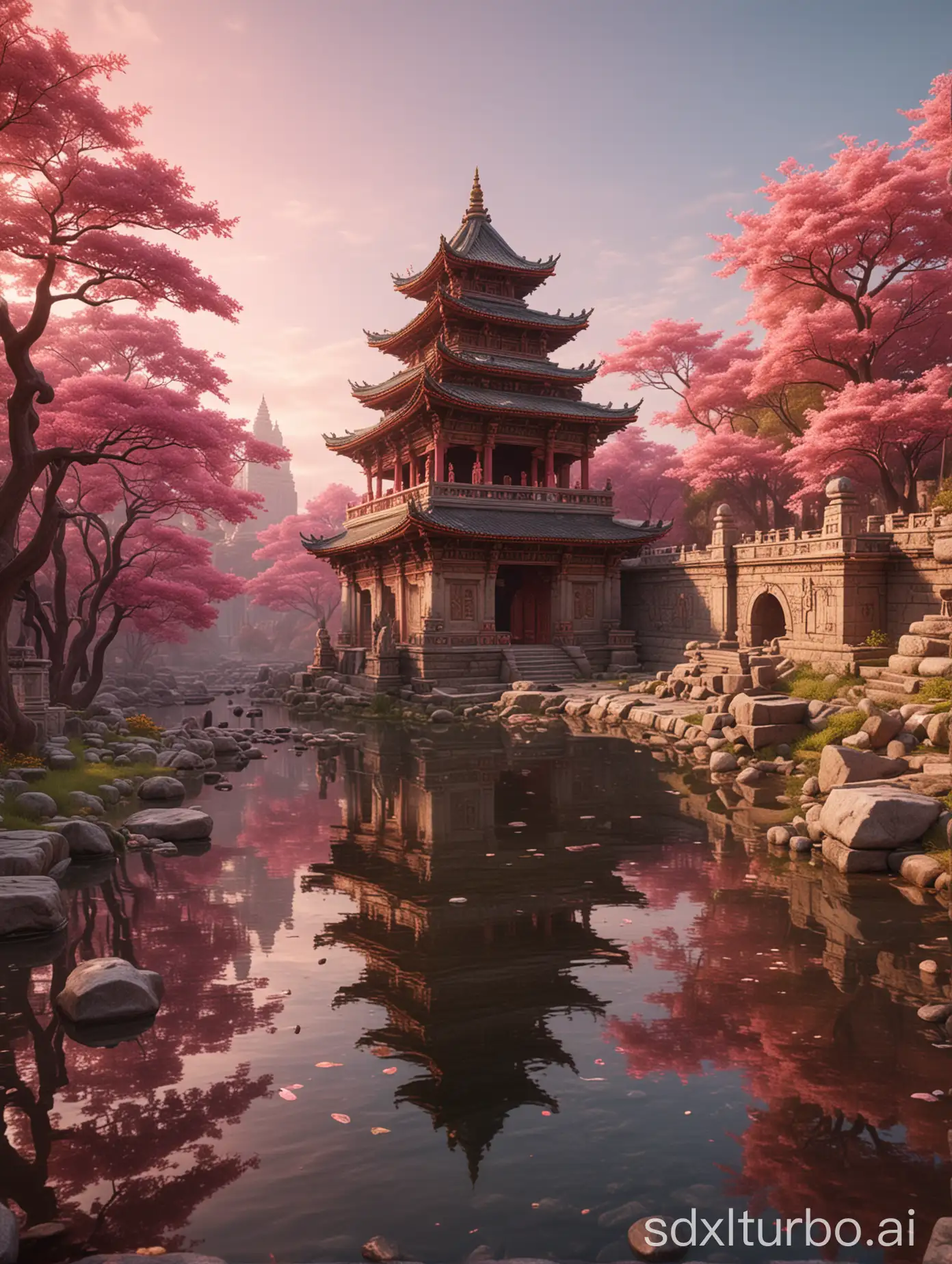 Ancient-Stone-Temple-by-the-River-at-Sunset-Hyper-Realistic-3D-Render