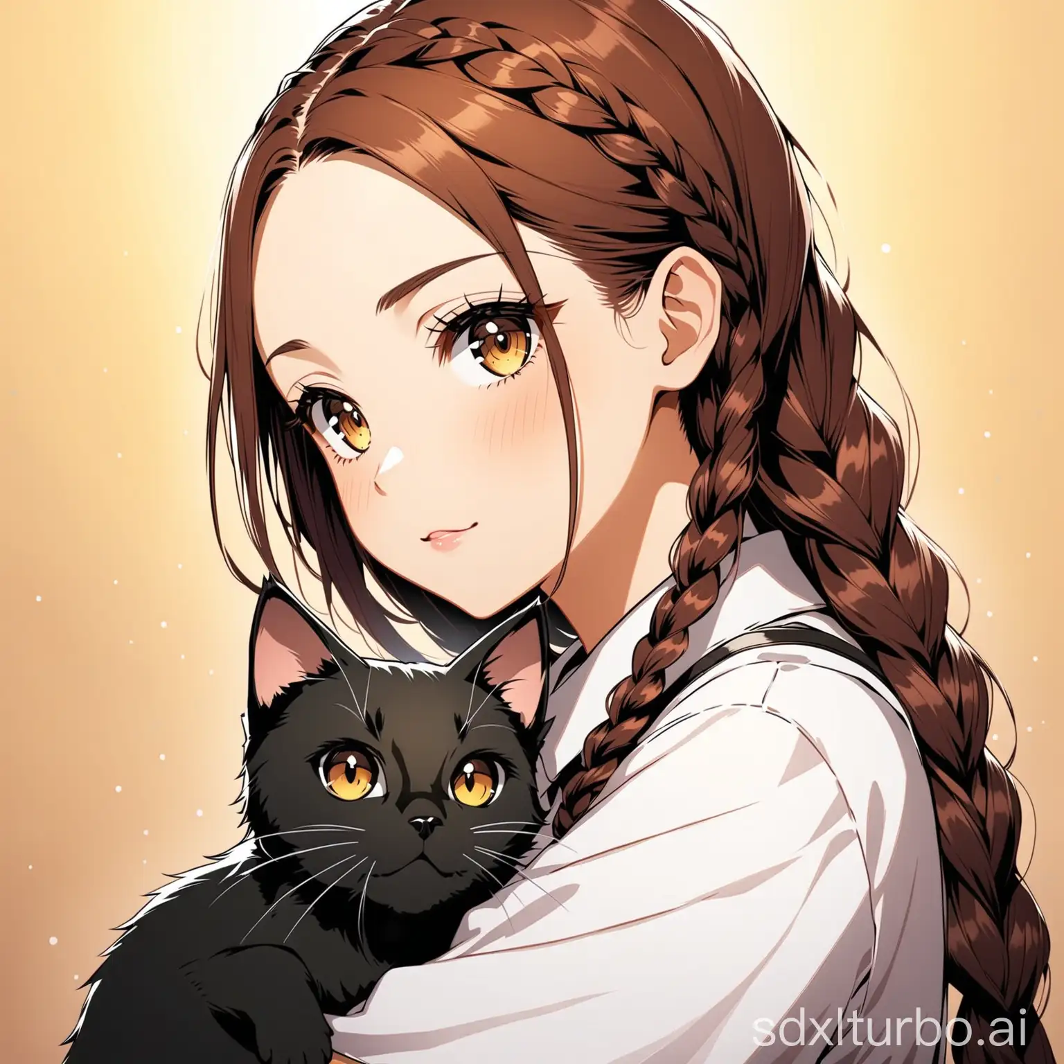 On one side, a girl with brown braids. On the other side, a black cat.