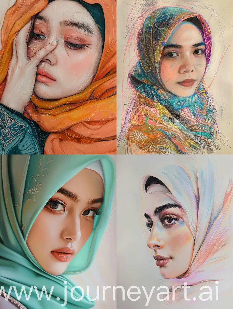 Beautiful women hijab Indonesia, I see you in my dream, continuous pastel line 