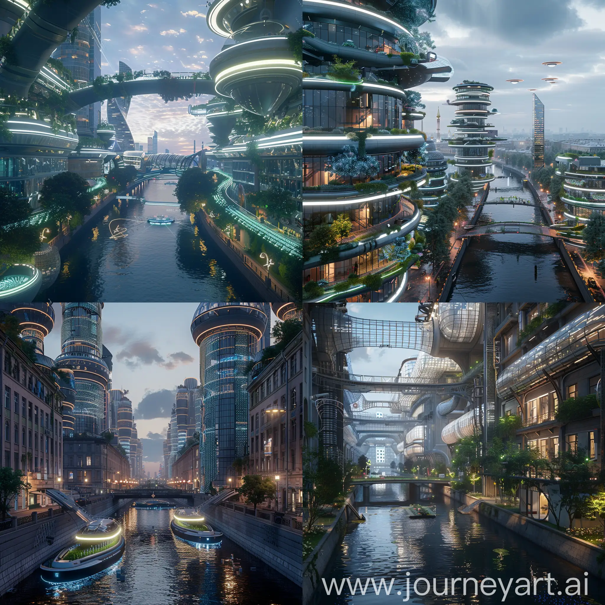 High-tech futuristic Saint Petersburg, Bioluminescent Canals, Adaptive Architecture, Vertical Farms, Hyperloop Transit Tubes, Augmented Reality Overlays, Neuro-Apartments, 3D-Printed Infrastructure, Waste-to-Energy Plants, AI-Powered Public Services, Community Microgrids, Sky Farms, Kinetic Facades, Air Filtration Towers, Smart Street Lighting, Hydroponic Bridges, Personal Landing Pads, Interactive Public Art, Weather-Responsive Architecture, Pneumatic Waste Collection, Transparent Skyscrapers, unreal engine 5 --stylize  1000