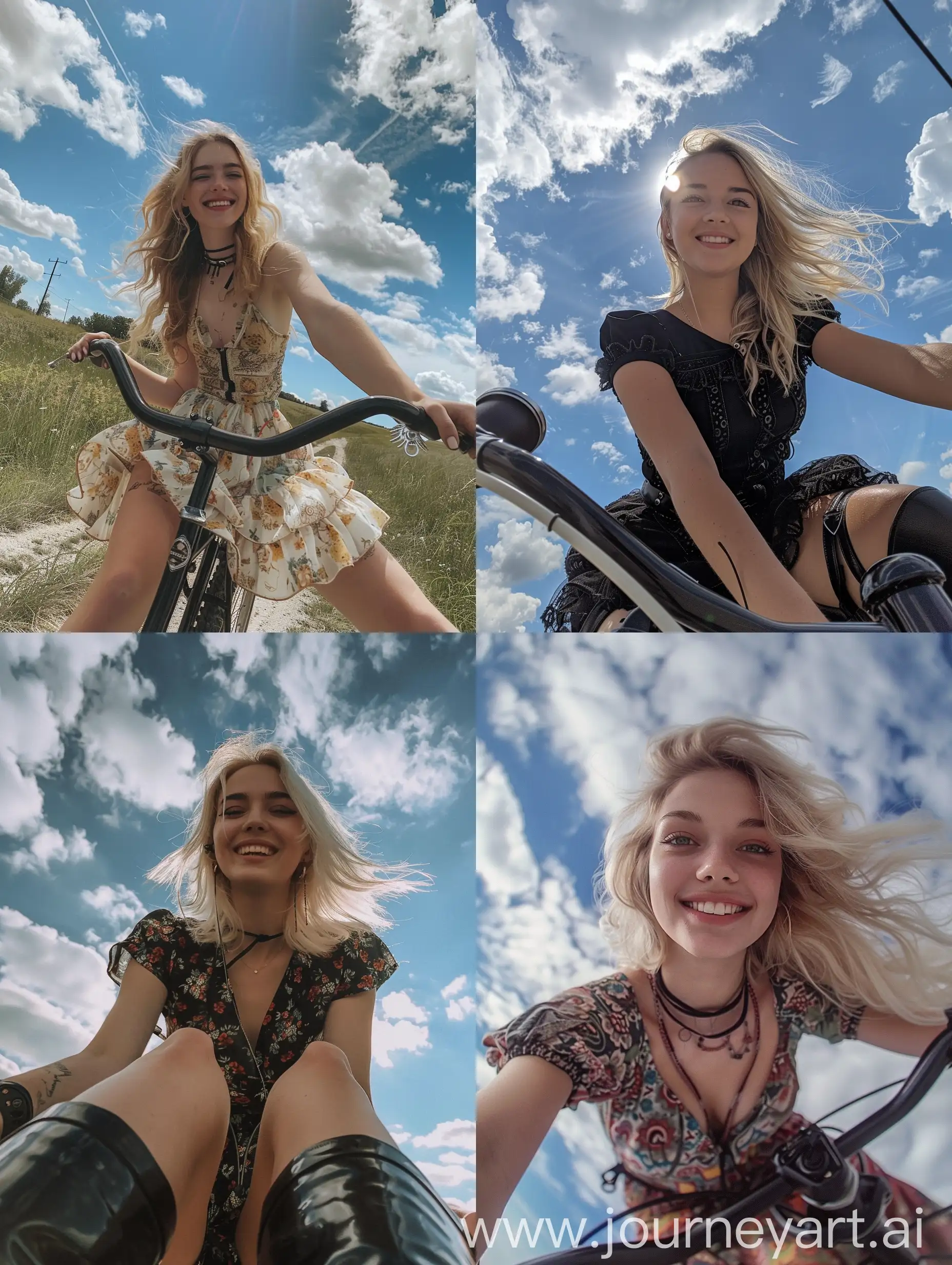 a girl, 22 years old, blonde hair, strange dress, black boots, smiling, , sitting on a bicycle, no effects, selfie , iphone selfie, no filters, natural , iphone photo natural, camera down angle, sky view, down view