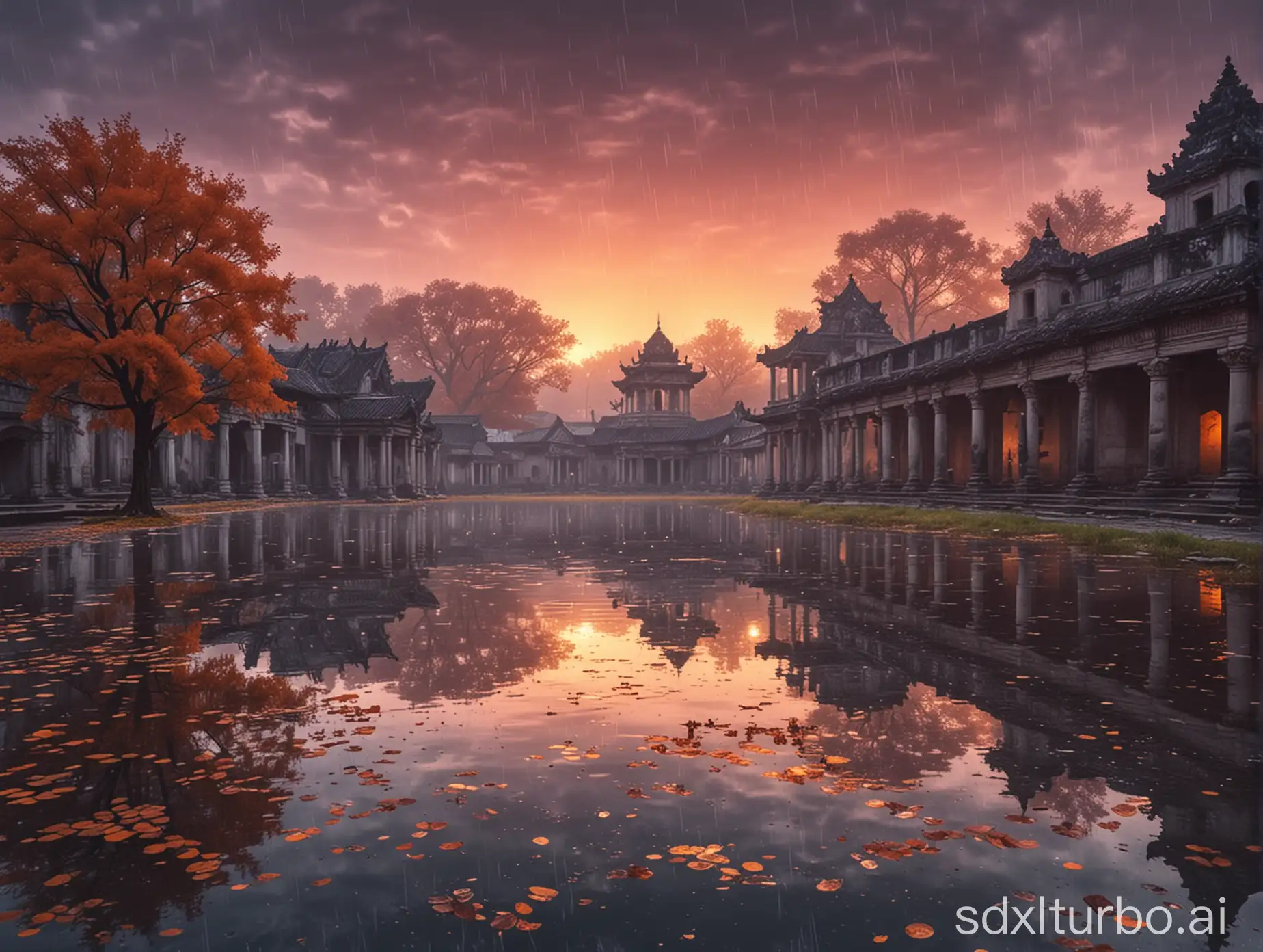 Landscape photo: Twilight rain under the autumn sunset, water and sky in one color. In a cool tone, a sunset hangs over ancient architecture.  4K clear picture with beautiful scenery.