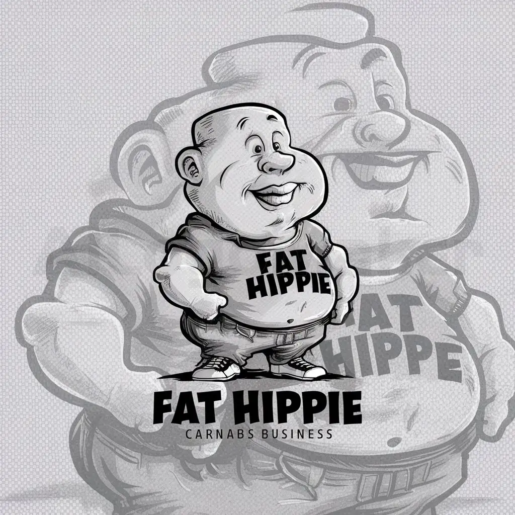a logo design,with the text "Fat Hippie", main symbol: I'm looking for a skilled logo designer who can create both digital and hand-drawn pieces. The logo will be used for marketing material and should have a cartoon-like style. The successful candidate must demonstrate:

- Proficiency with various art mediums
- Ability to create logos in a cartoon-like style
- Previous experience designing marketing materials

I'm launching a new brand, "Fat Hippie," a cannabis business. I would like a caricature logo that accurately represents my brand. I have some face pictures to serve as inspiration for the caricature logo. I envision a humorous, big-headed caricature with a slightly overweight but semi-muscular body wearing a "Fat Hippie" shirt and jeans. The caricature should be attached to the Fat Hippie logo at the bottom.

I'm looking for a fun, memorable logo that stands out and embodies the spirit of my business. The ideal candidate will have experience in humorous logo design and graphic design to create a cohesive caricature and brand name logo. I am open to creative ideas and excited to see the final product.,Minimalistic,clear background