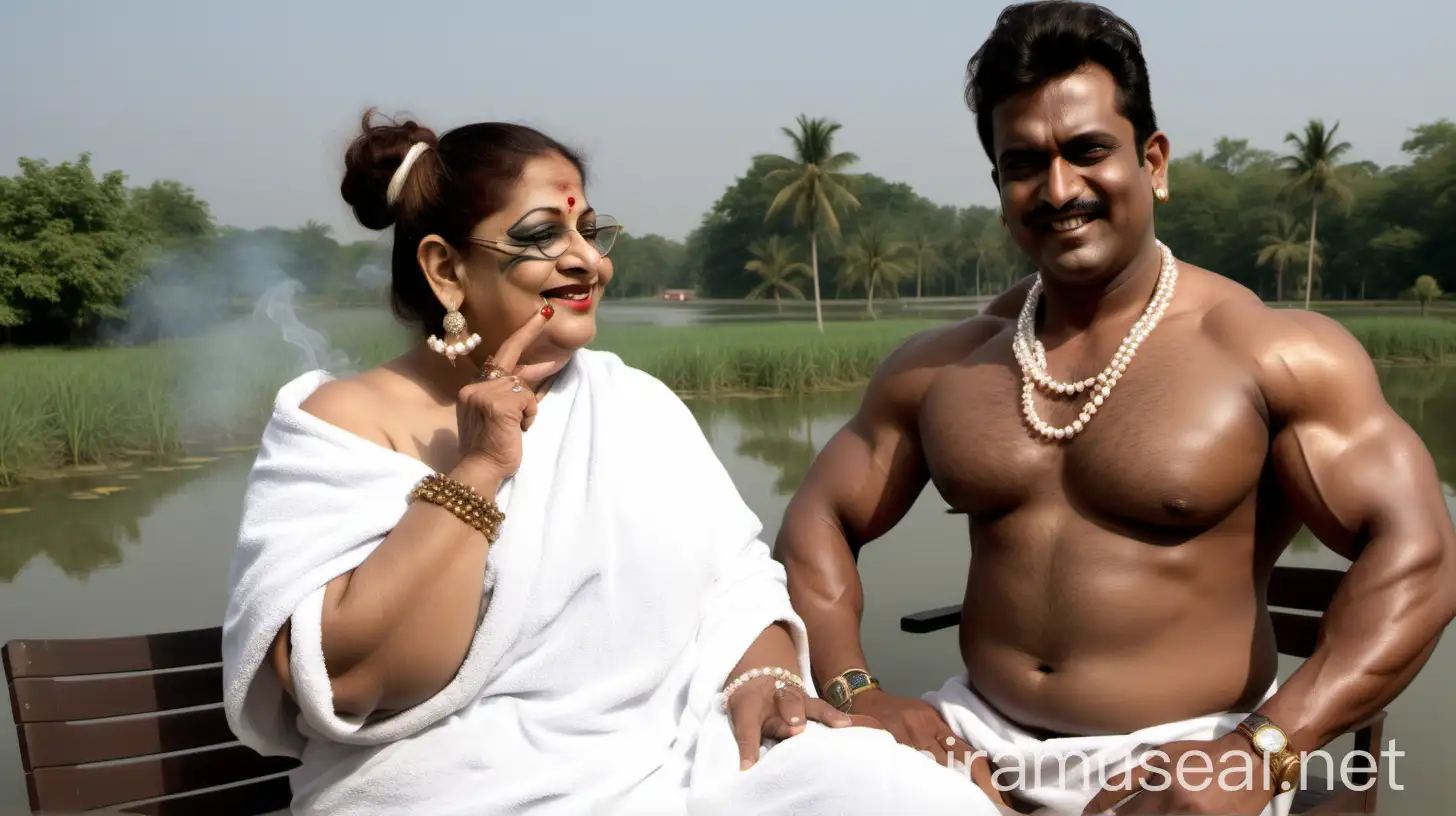 A indian mature  fat woman having big stomach age 57 years old attractive looks with make up on face standing with a 21 years old muscular male  ,binding her high volume hairs, Gajra Bun Hairstyle ,wearing metal anklet on feet and high heels, smoking a cigar  in her hand   , smoke is coming out from cigar  . she is happy and smiling. she is wearing pearl neck lace in her neck , earrings in ears, a power spectacles on her eyes and wearing  only a  white velvet  bath towel on her body. she is with a muscular man having age 21 ,the man is holding a big fish ,in background there is a luxurious pond, the both are sitting on two chairs, with many cats in it and its morning time. show full body from top to bottom and show a detailed  long shot frame.
