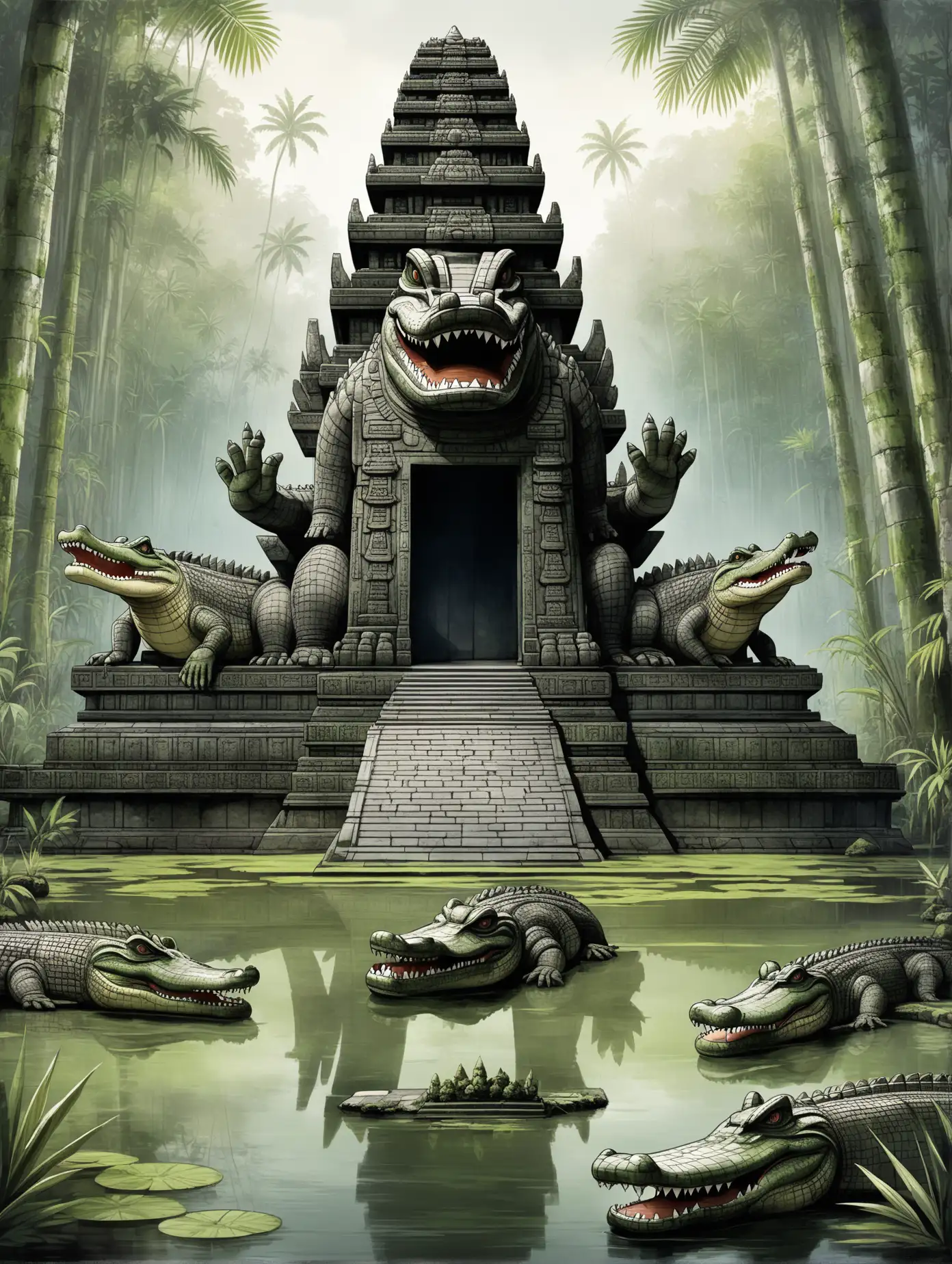 a large Indonesian stone temple with a crocodile statue in a swamp, front view