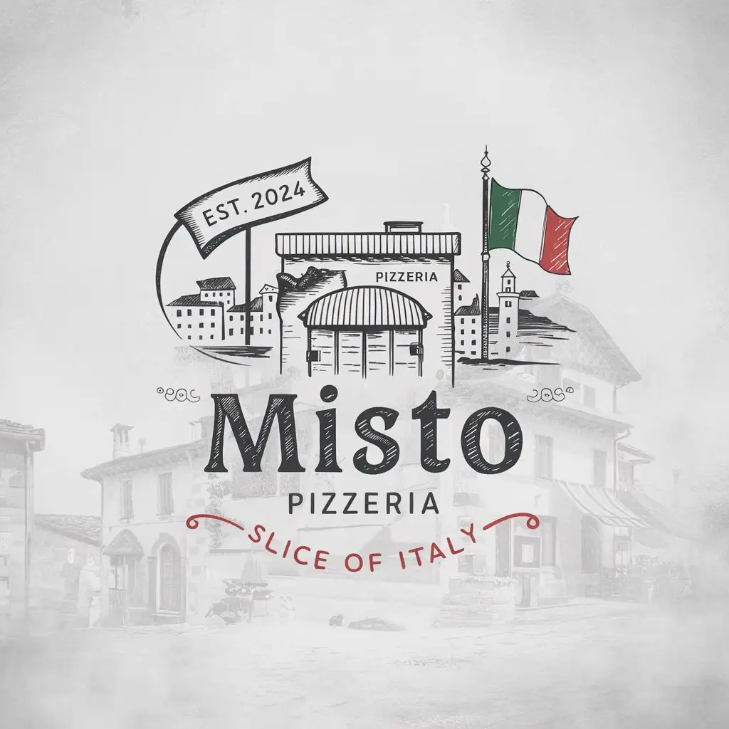 Misto Pizzeria, Minimalist, Emblem, Ornament, Vintage, Sketched Italian City, EST 2024 , Italy flag, Slogan Slice of Italy, White Foggy background