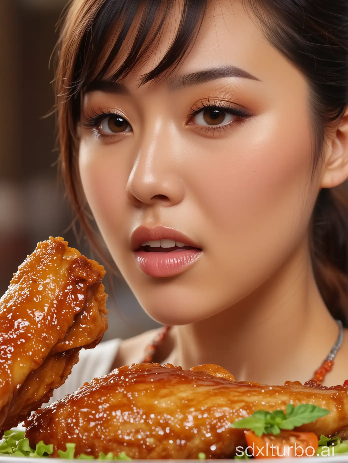中国现代、潮流美女吃一个奥尔良味道的大鸡翅中的近景，高清，背景虚化，HD 4K --ar 9:16 --iw 1.8