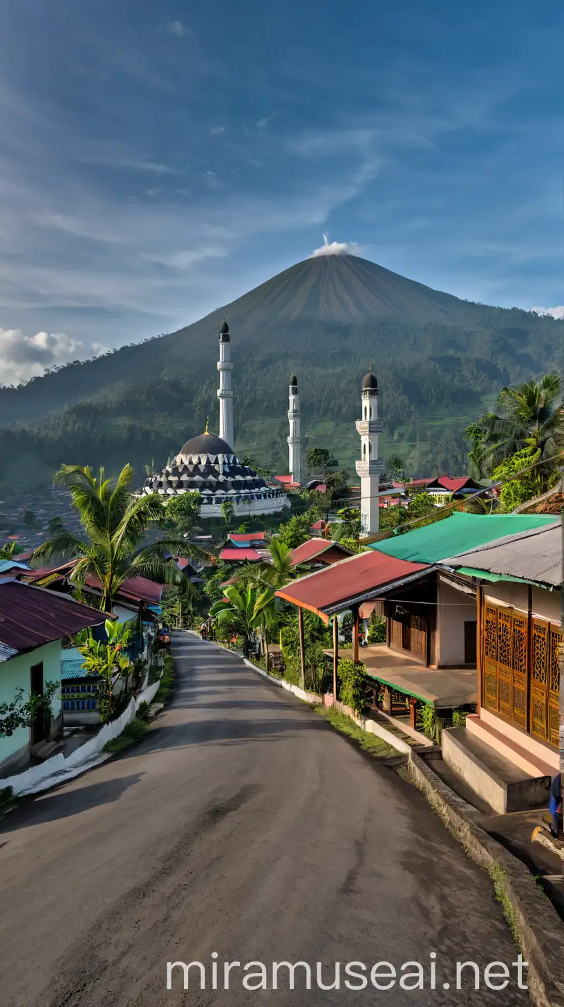 Suasana pegunungan khas indonesia dengan jalan menurun dan terdapat rumah warga di tengah kampung terlihat mesjid