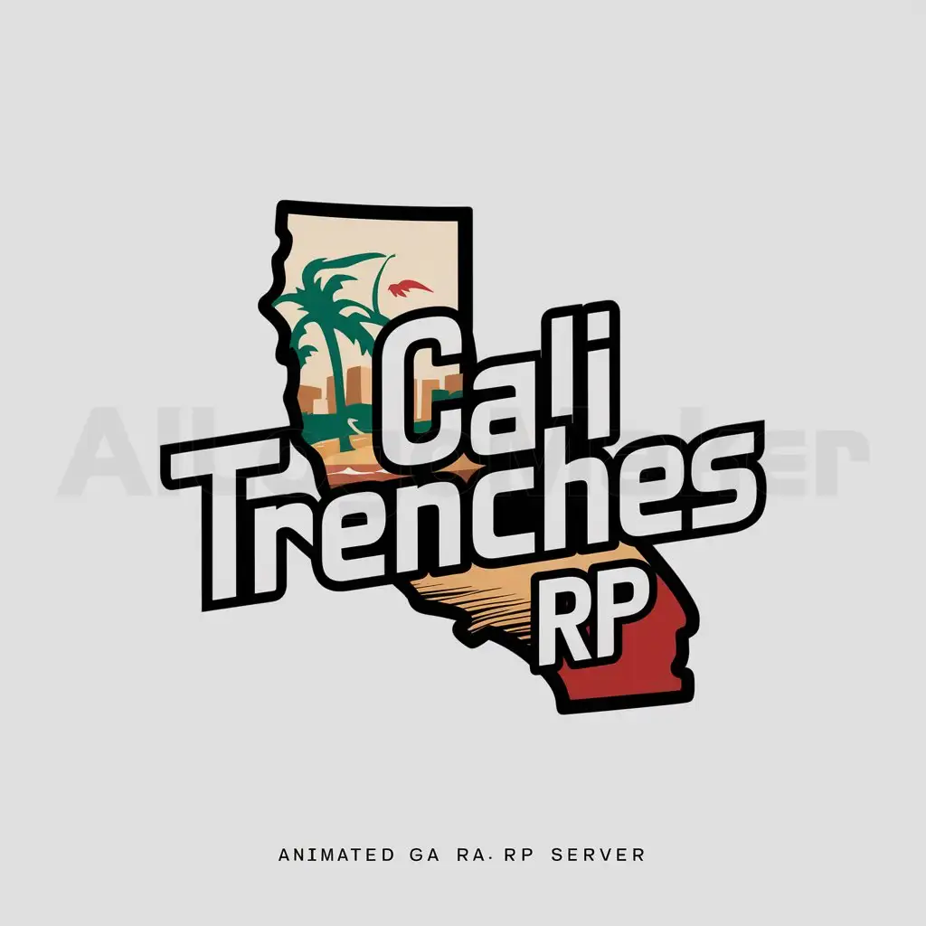 a logo design,with the text "Cali Trenches RP", main symbol:it must write Cali Trenches RP on the logo and it must be animated as it's for a Fivem GTA RP Server. California state including beach, buildings and trees and it must contain Cali Trenches RP written on it,Moderate,be used in Others industry,clear background